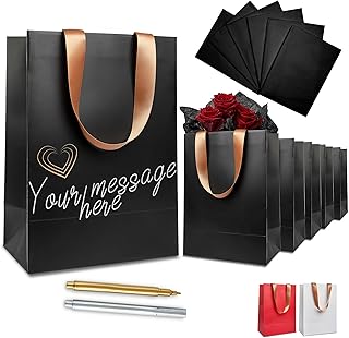 Anavego 6 First-Class Black Gift Bags with Metallic Markers for Personalization & Tissue Paper.