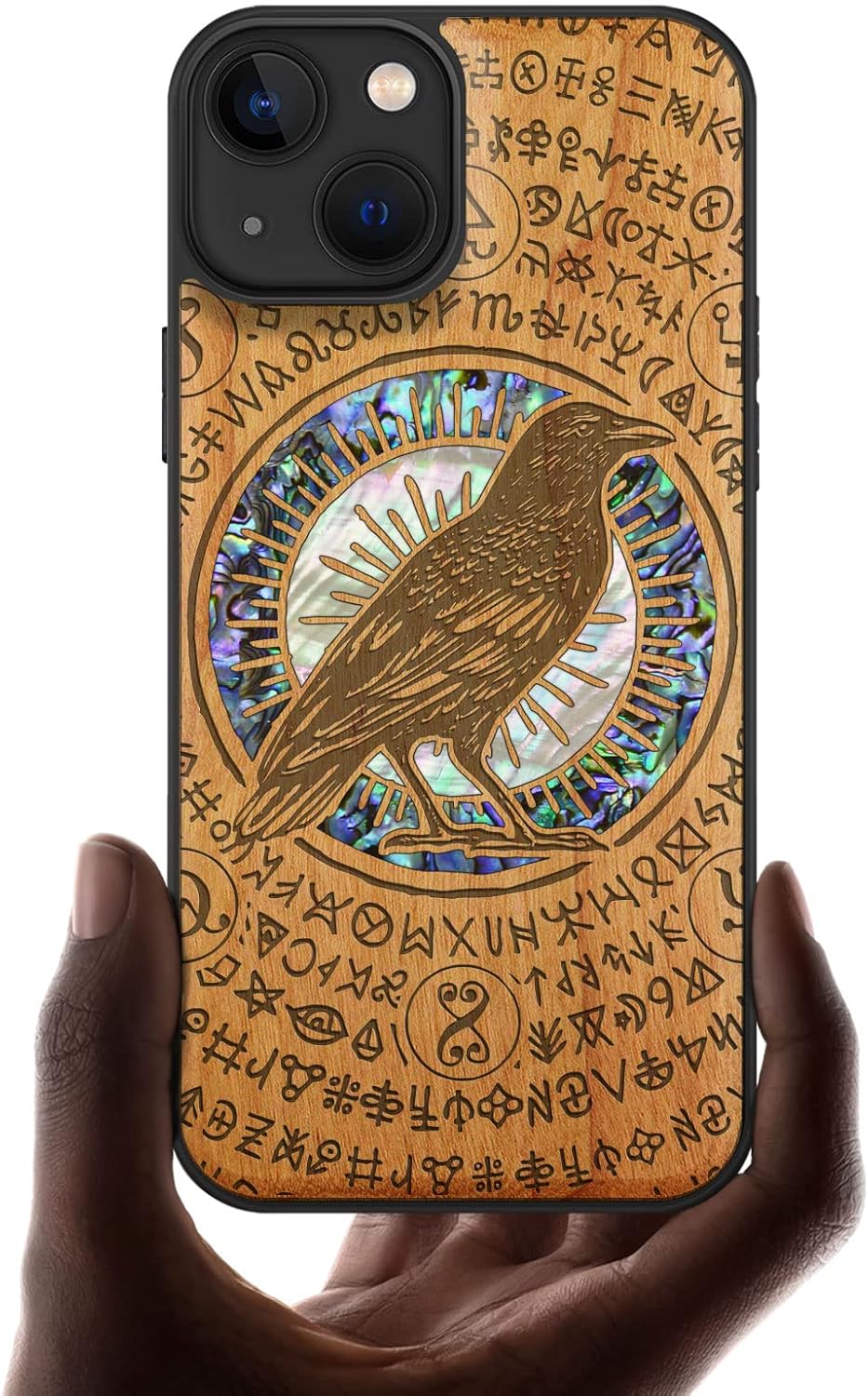 Carveit Designer Wooden Protective Case for iPhone 13 Magnetic Cover [Wood Engraving & Shell Inlay] Wood Phone Case Compatible with iPhone 13 MagSafe 6.1 Inch (Raven-Blackwood)