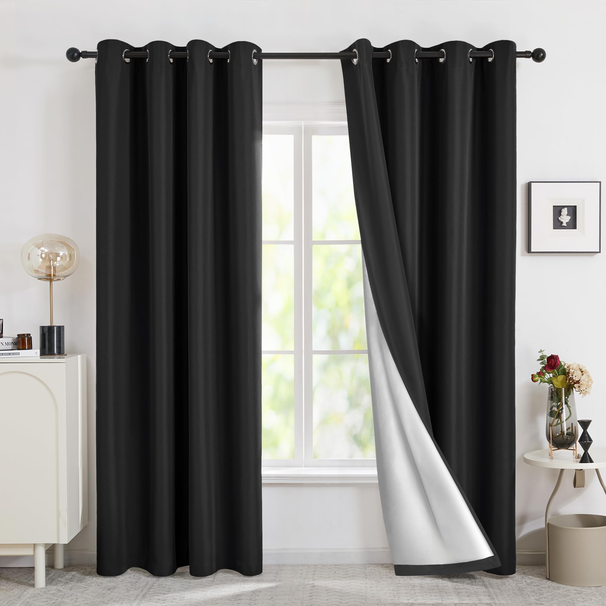 Deconovo Cortinas Dormitorio Térmicas Asilantes para Ventanas con Forro de Gris Plata 2 Piezas 140 x 245 cm Negro