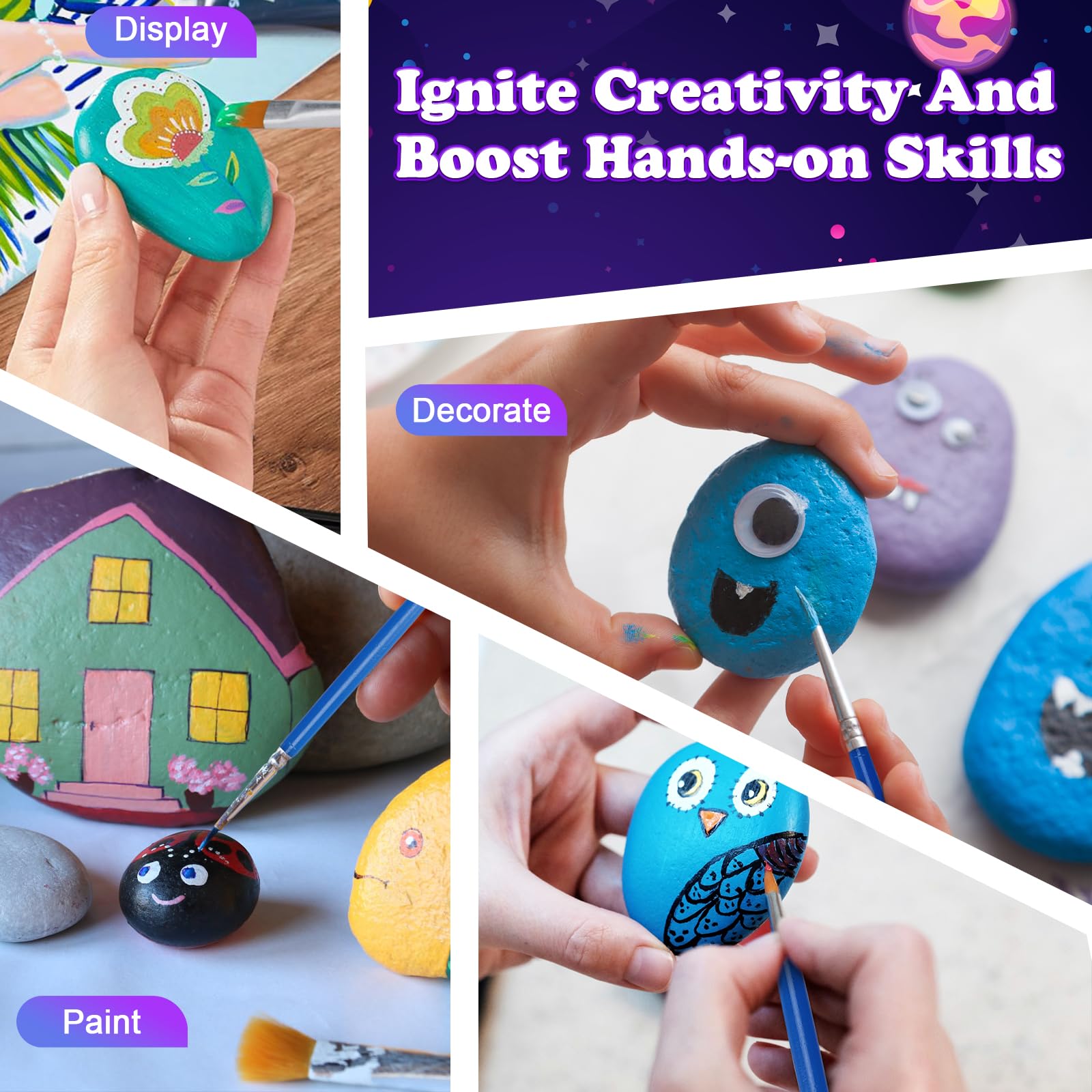 Rock Painting Kit, Glow in The Dark Pouring Rock Kit for Children Aged 5, 6, 7, 8, 9, 10 Years and Up, Creative Stone Painting, 10 Craft Stone Painting Set, 6 Colors, Gift for Girls 6-12 Years - Image 3