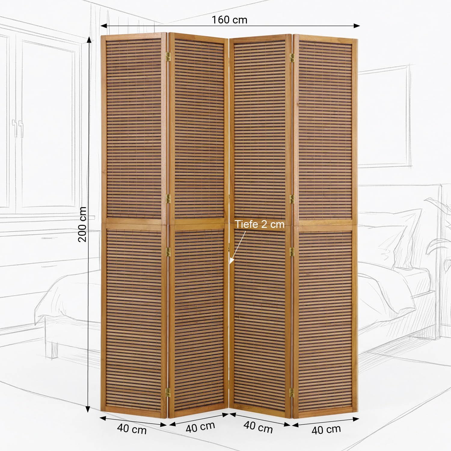 Homestyle4u Paravent 4-teilig XL 2m Höhe Bambus Raumteiler Holz Braun | XL Sichtschutz Trennwand für Wohnzimmer & Schlafzimmer Faltbar Freistehende Spanische Wand aus Bambusholz 120 x 200 cm
