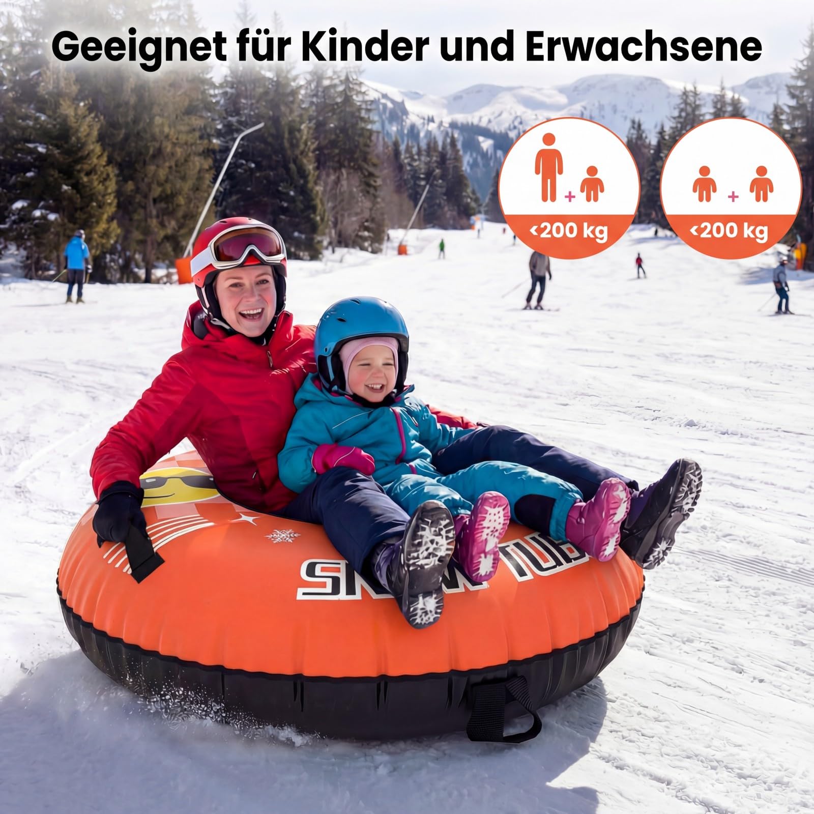 COSTWAY Aufblasbarer Schneereifen mit Schleppleine, 107 cm Snowtube, aufblasbarer Schlitten mit Griffen, Rodelreifen für Kinder und Erwachsene (Orange)