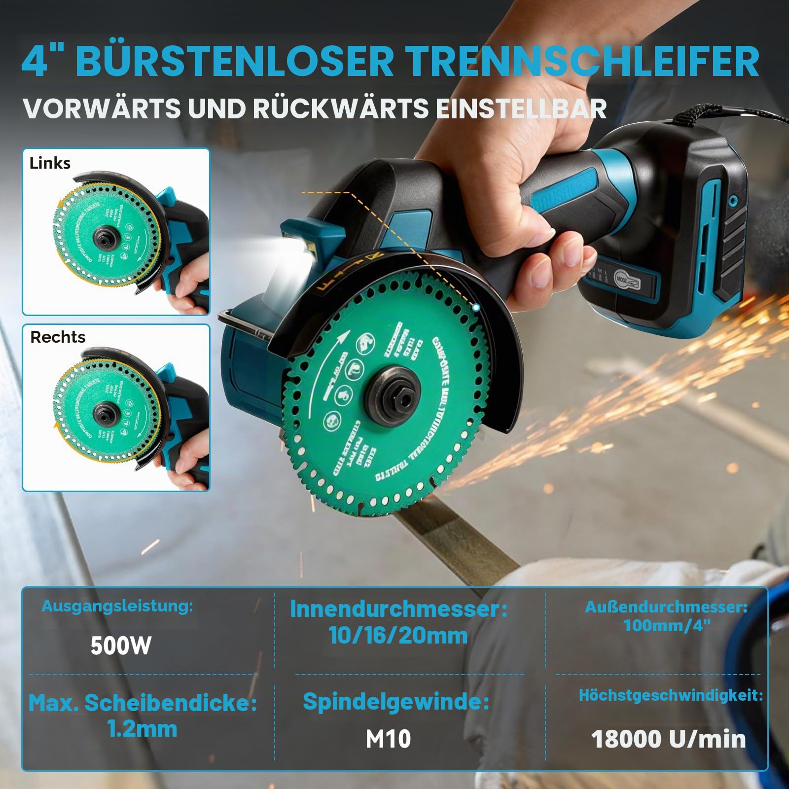 Akku-Winkelschleifer für Makita 18 V, bürstenloser Mini-Winkelschleifer, 18000 U/min, 100 mm, kleines Trennwerkzeug mit 4 Scheiben zum Schneiden, Polieren, Schleifen (für Makita, 100 mm)