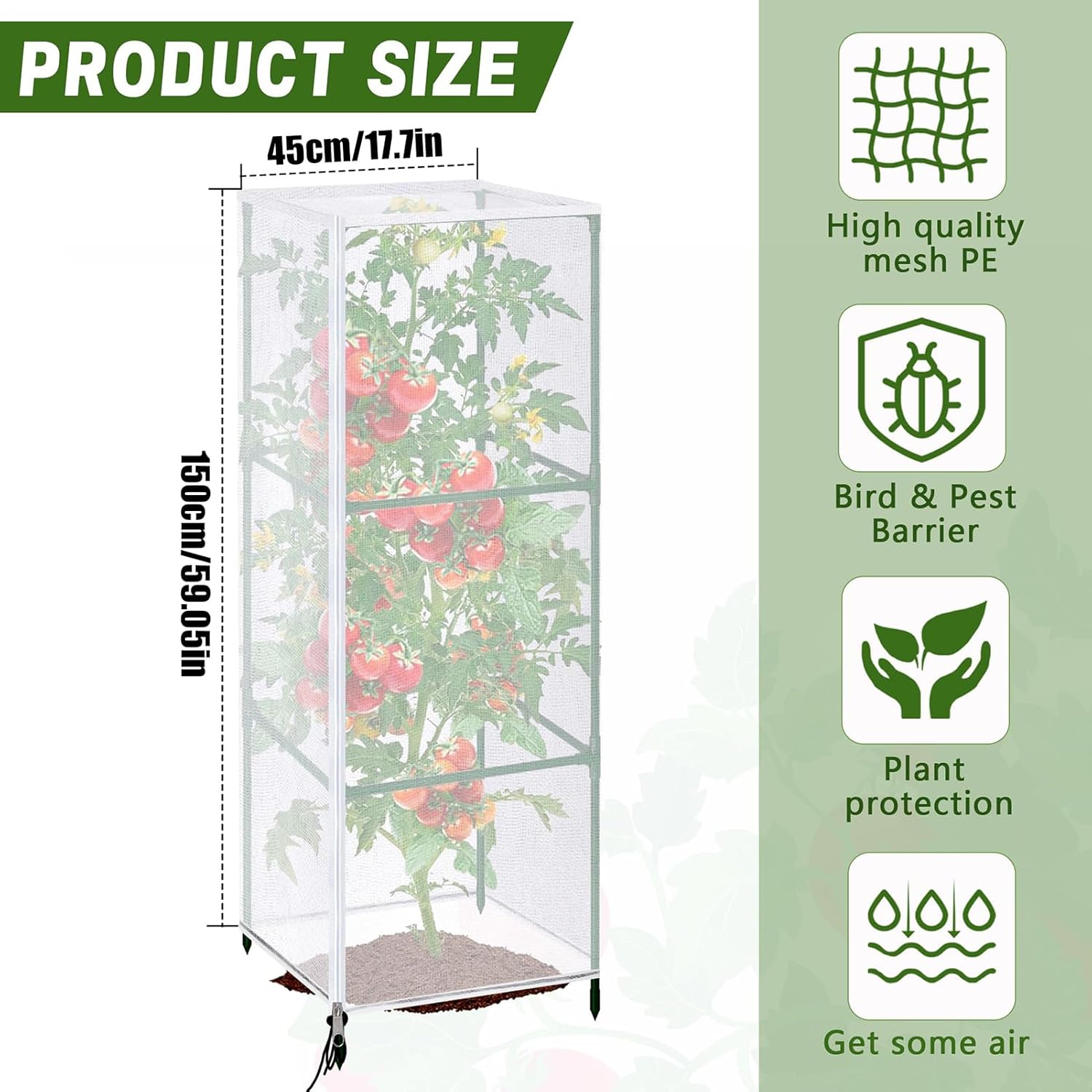 Plant Covers from Animals | Square Anti-gnat Net,150x45cm Garden Cloches for Plants with Zipper and Drawstring - for Bird Cat Poultry Fruit Vegetable Flower Tomato Garden Balcony