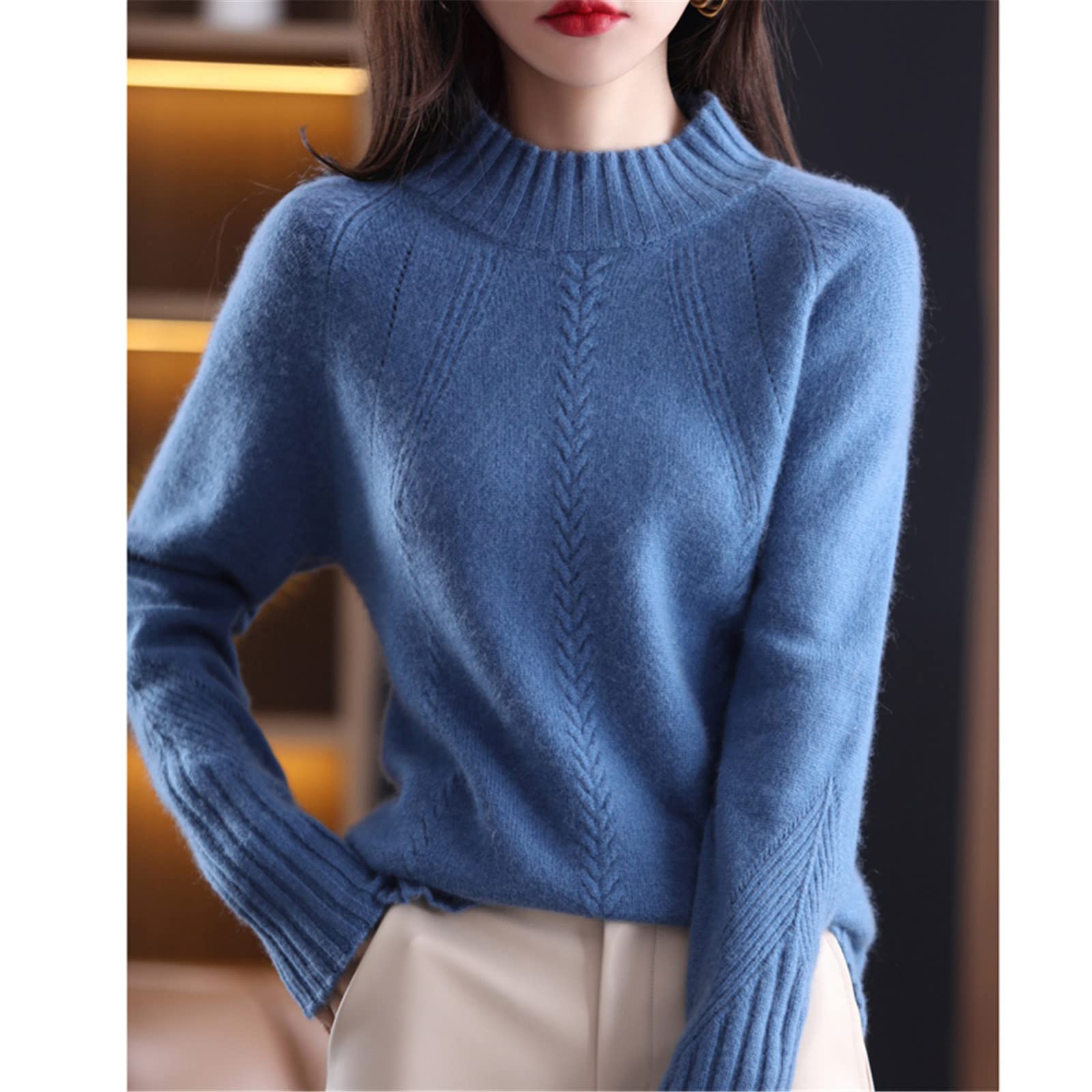 Kelsiop Otoño/Invierno Suéter De Cachemira Señoras Medio Cuello Alto Jersey 100% Lana Parte Superior De Fondo De Punto De Tamaño Grande