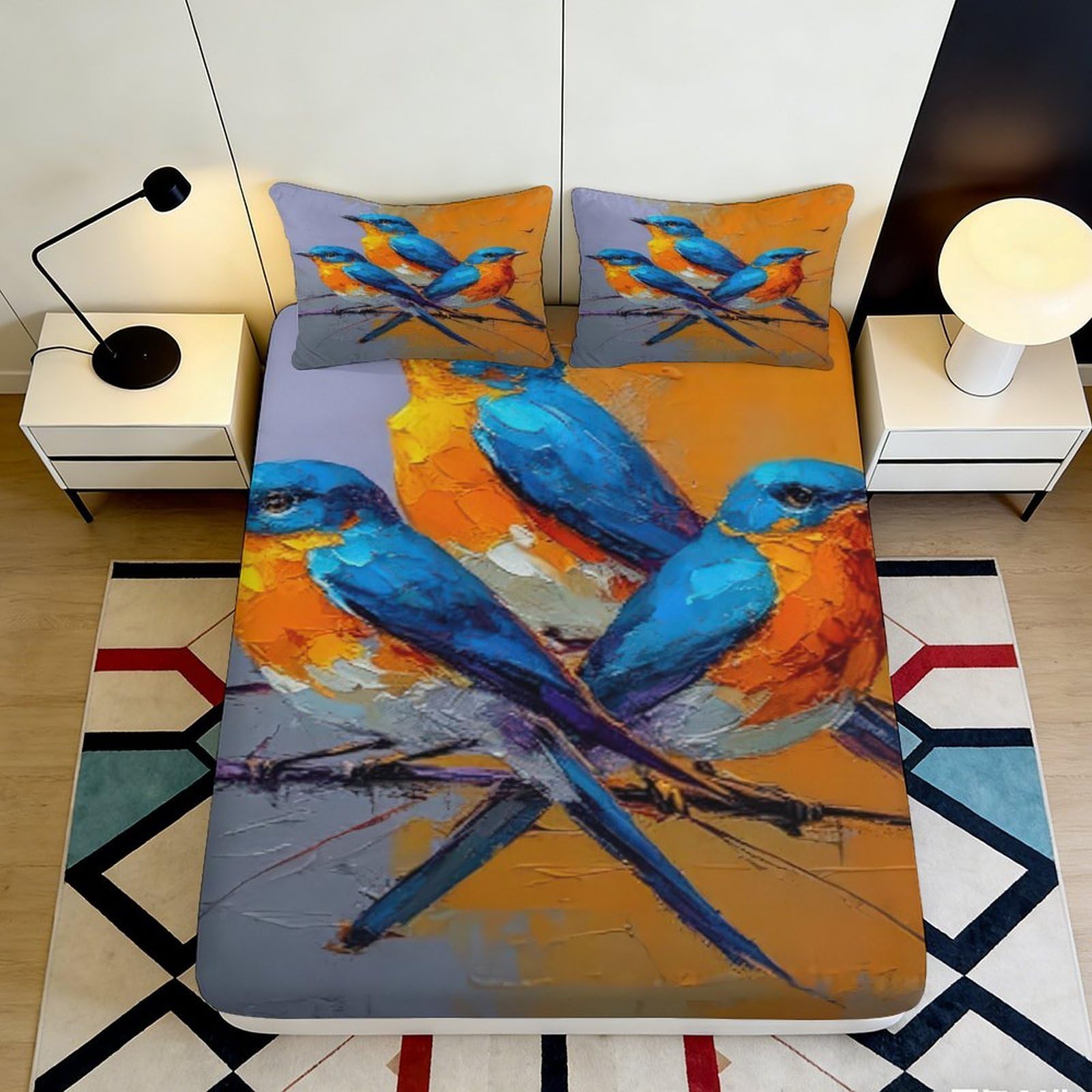 3D Printed Blue Orange Bird Fitted Sheet Microfiber Soft Decorative Branch Bed Cover for Bedroom Guest Room Dorm 90x200x25cm