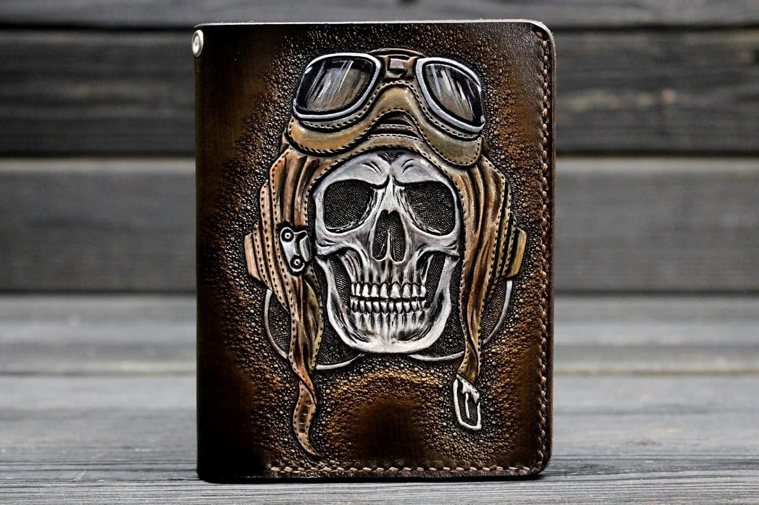 3D Genuine Leather Travel Passport Cover, Passport Holder, Passport Case, Hand-Carved, Hand-Painted, Leather Carving, Custom wallet, Personalized wallet, Pilot Skull, Aviation, Airplane, Plane, Biker