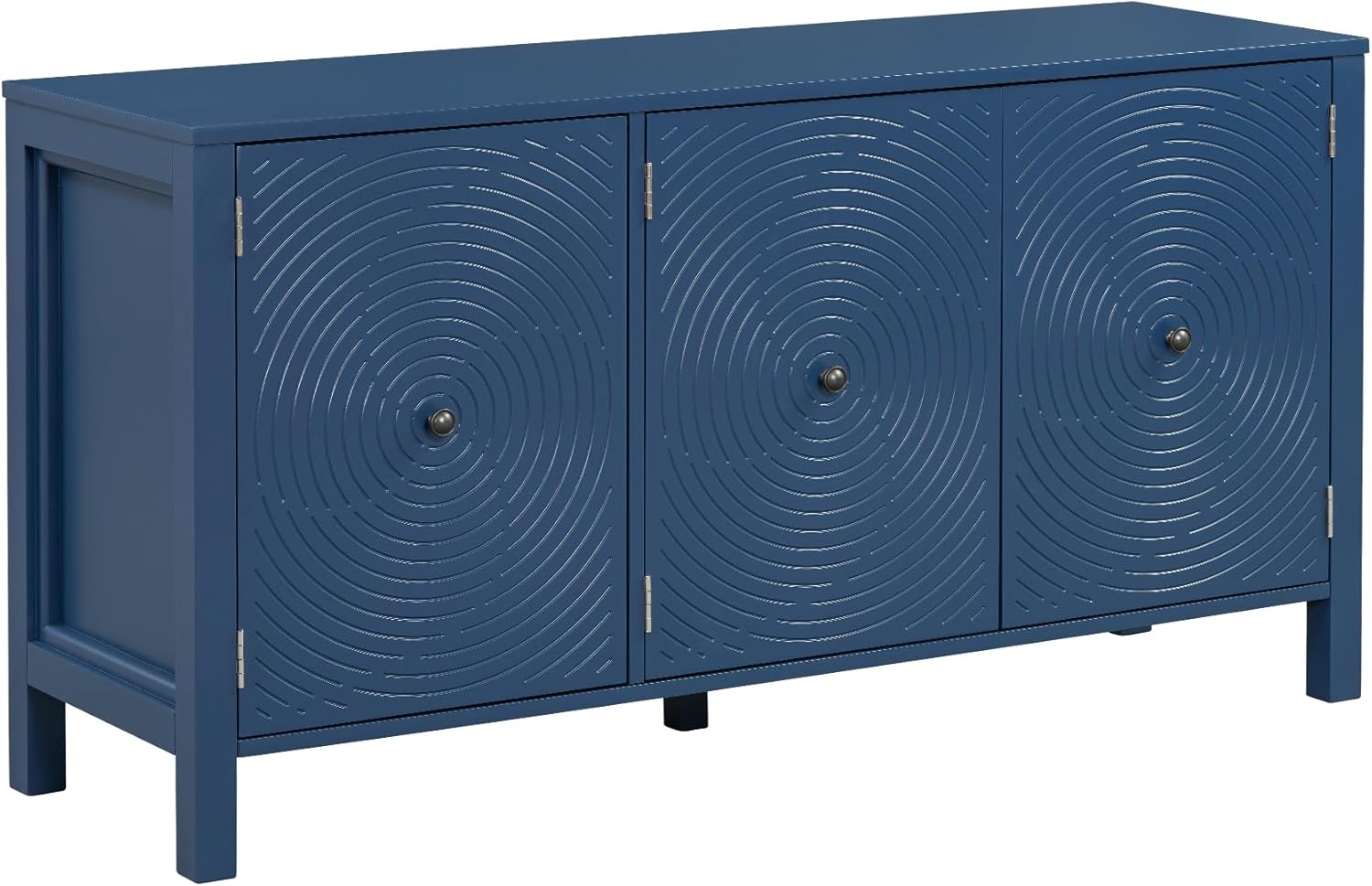 Modern Sideboard Buffet Cabinet with Curved Swirl Patterned Doors, Artistic 3-Door Storage Cabinet with Ample Space, for Living Room Entrance Dinning Room, Navy Blue