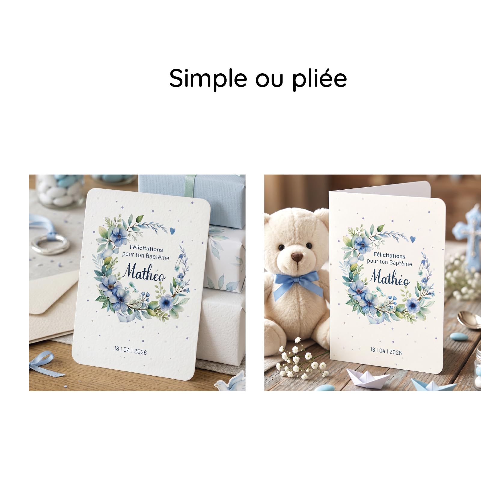 Carte félicitations baptême personnalisée, couronne fleurs, prénom, date, texte personnalisable, thème bleu garçon