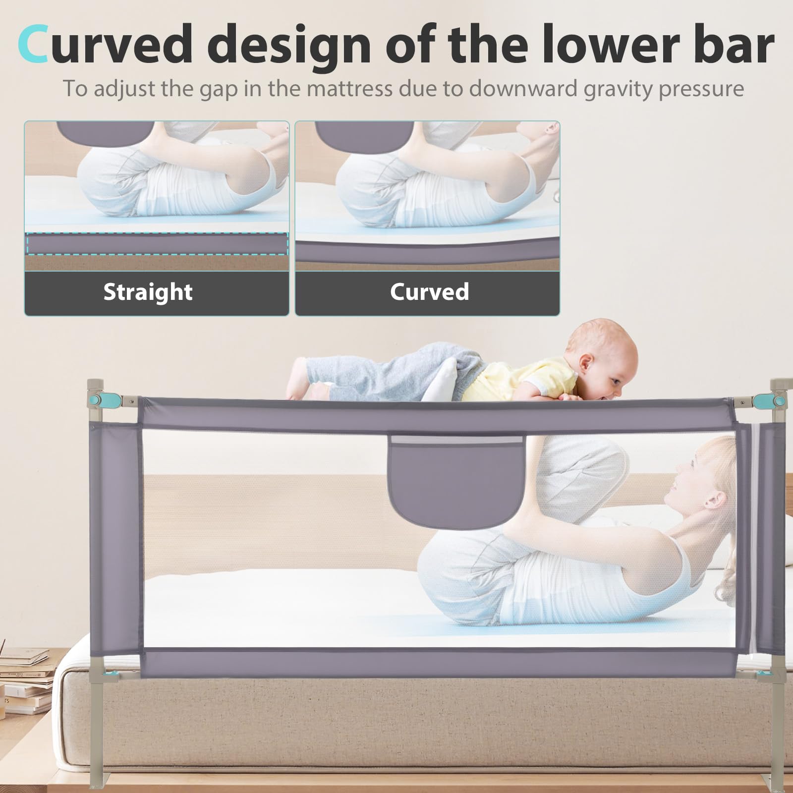 Barrera Seguridad Niños Cama, Barandilla Cama 150/180/200cm, Protección Anticaídas con Malla Transpirable, Barandilla Regulable en Altura 69-98 cm, Pasamanos con Bolsillo Lateral, Apto para Boxspring — view 6