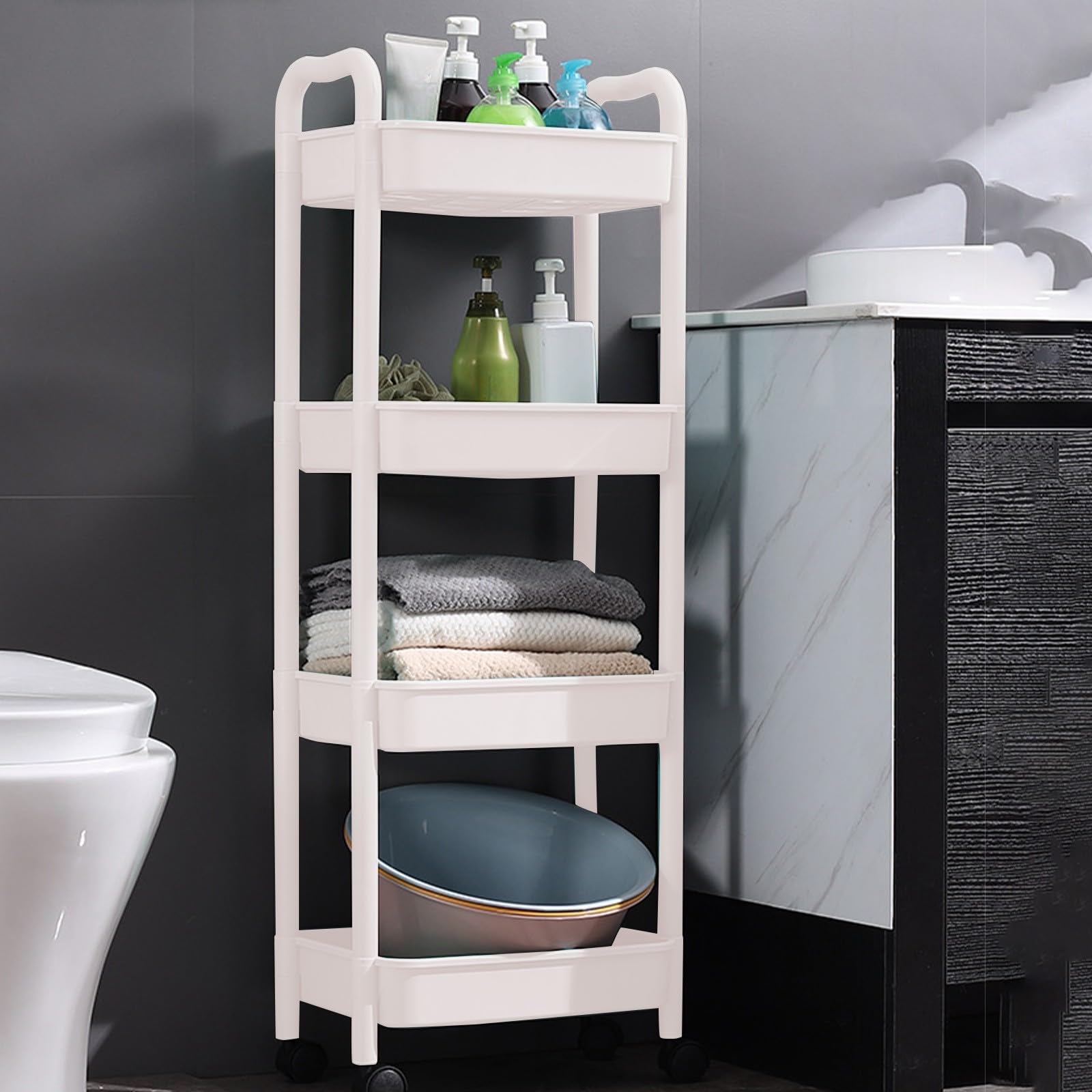 Carrello da cucina sottile a 4 ripiani, bianco, con ruote.
