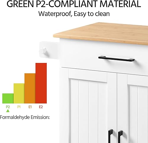 Miniatura 7 de Yaheetech Carrito de cocina con superficie de bambú, isla de cocina rodante de 32" de ancho con cajón y estante ajustable, gabinete de Blanco,Negro -