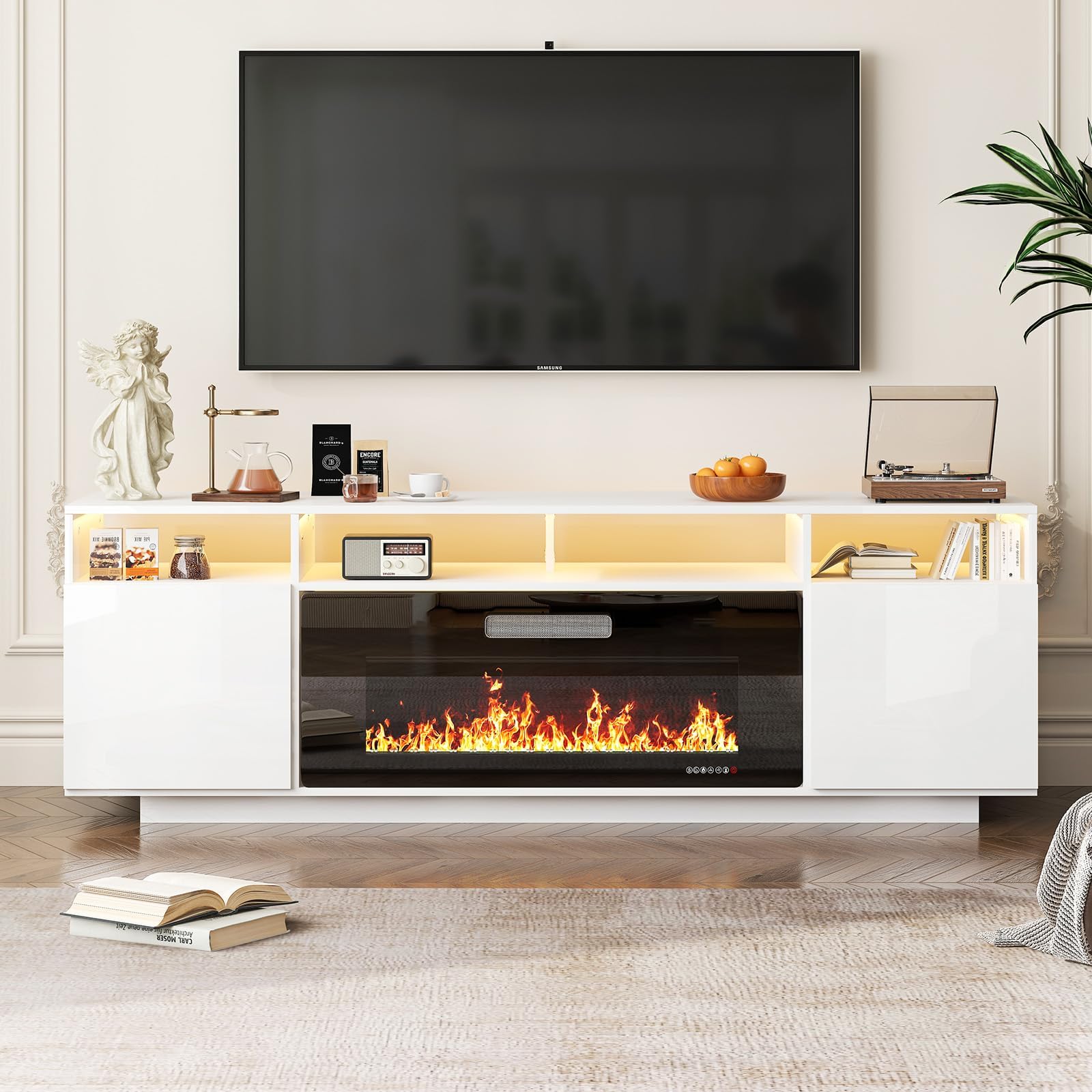 TABU 70" TV Stand with 36" Electric Fireplace Heater, High Gloss Finished Modern Entertainment Center with LED Ambient Light, for TVs Up to 80", White