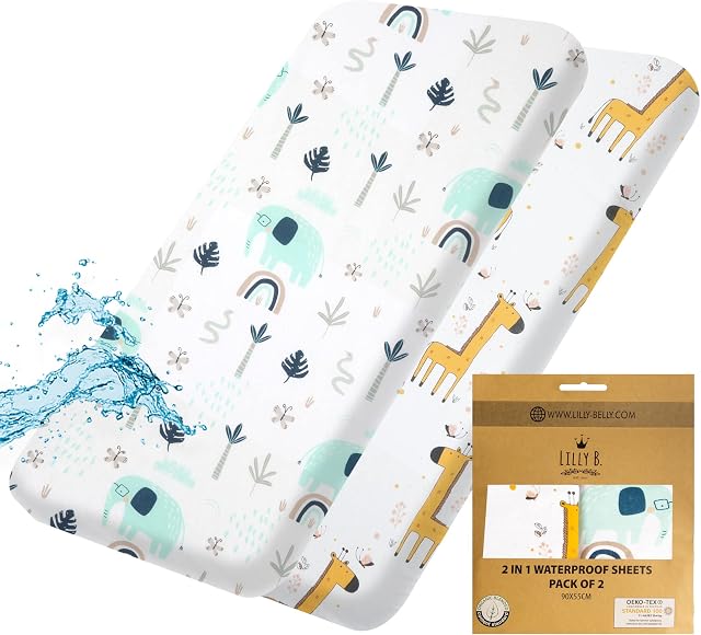 Lilly B. Organic Cotton GOTS 2in1 Pack of 2 Waterproof Fitted Sheets, Used Instead of Waterproof Mattress Protector Compatible with, Next2me, and All Bedside Cribs, Bassinets up to 90x55cm (Jungle)