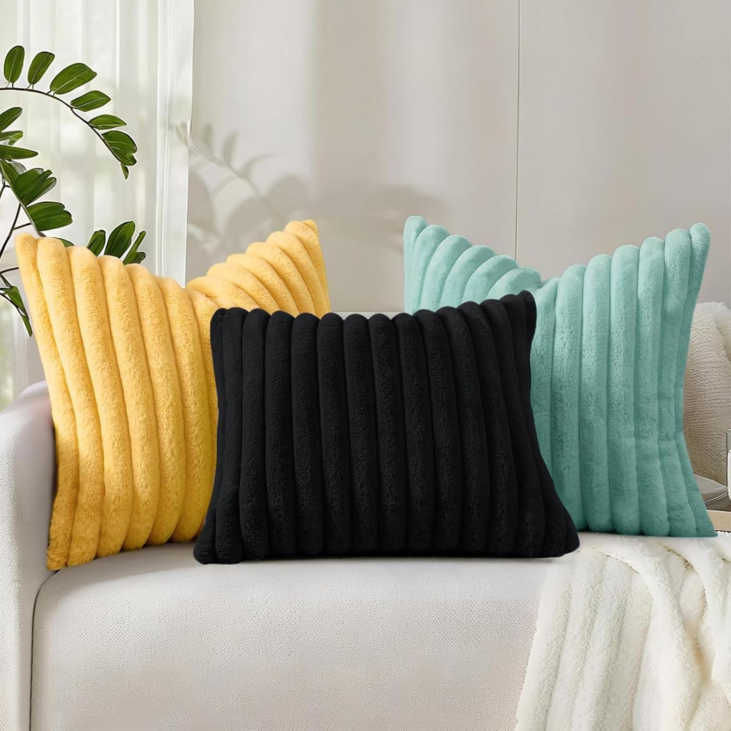 decorUhome Cozy Faux Fur Spring Throw Pillow Covers 18x18 Set of 2 Decorative Soft Plush Striped Modern Farmhouse Boho Couch Pillow Cases with Velvet Back for Sofa Bed Living Room, Mustard Yellow - Image 9