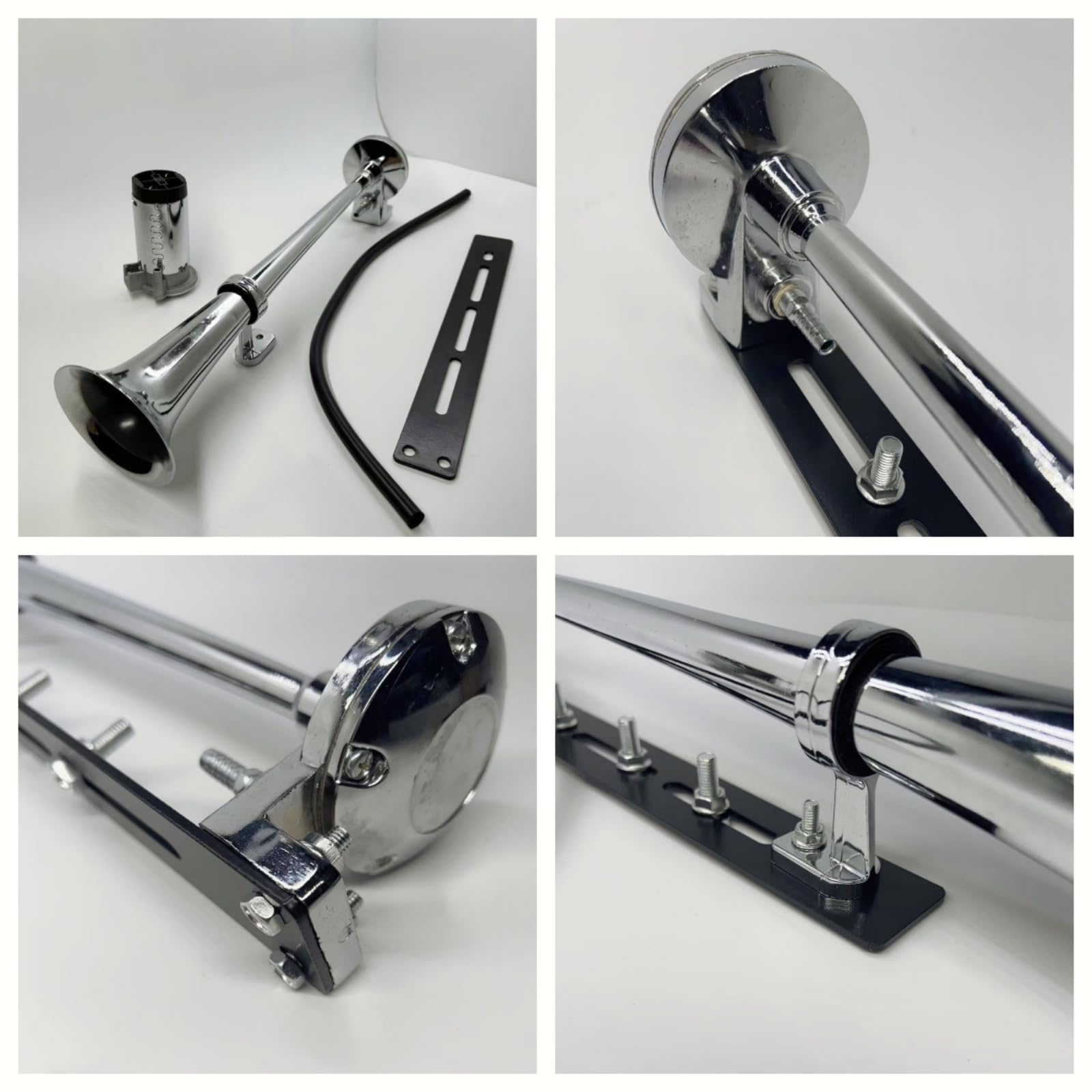 Bocina de aire para coche, cuerno de camión, diseño innovador y accesorios ajustables, altavoz fuerte, 150 dB, plateado, cromo, zinc, trompeta individual con compresor para coche de 12 V