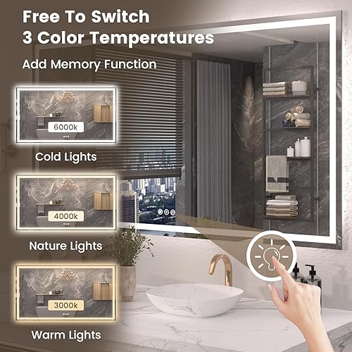 Miniatura 150 de Espejo LED de baño, 36 x 36 pulgadas con luz frontal y retroiluminada, antiniebla, espejo de tocador de baño para pared, función de memoria