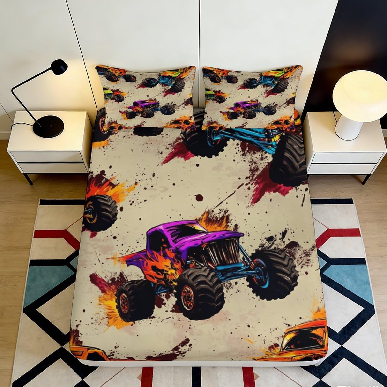 Kzqnxhjprl Style-1 3D Printed Monster Truck Fitted Sheet Microfiber Soft Durable Fire Splash Bed Cover For Bedroom Guest Room Decor 90X200x25cm