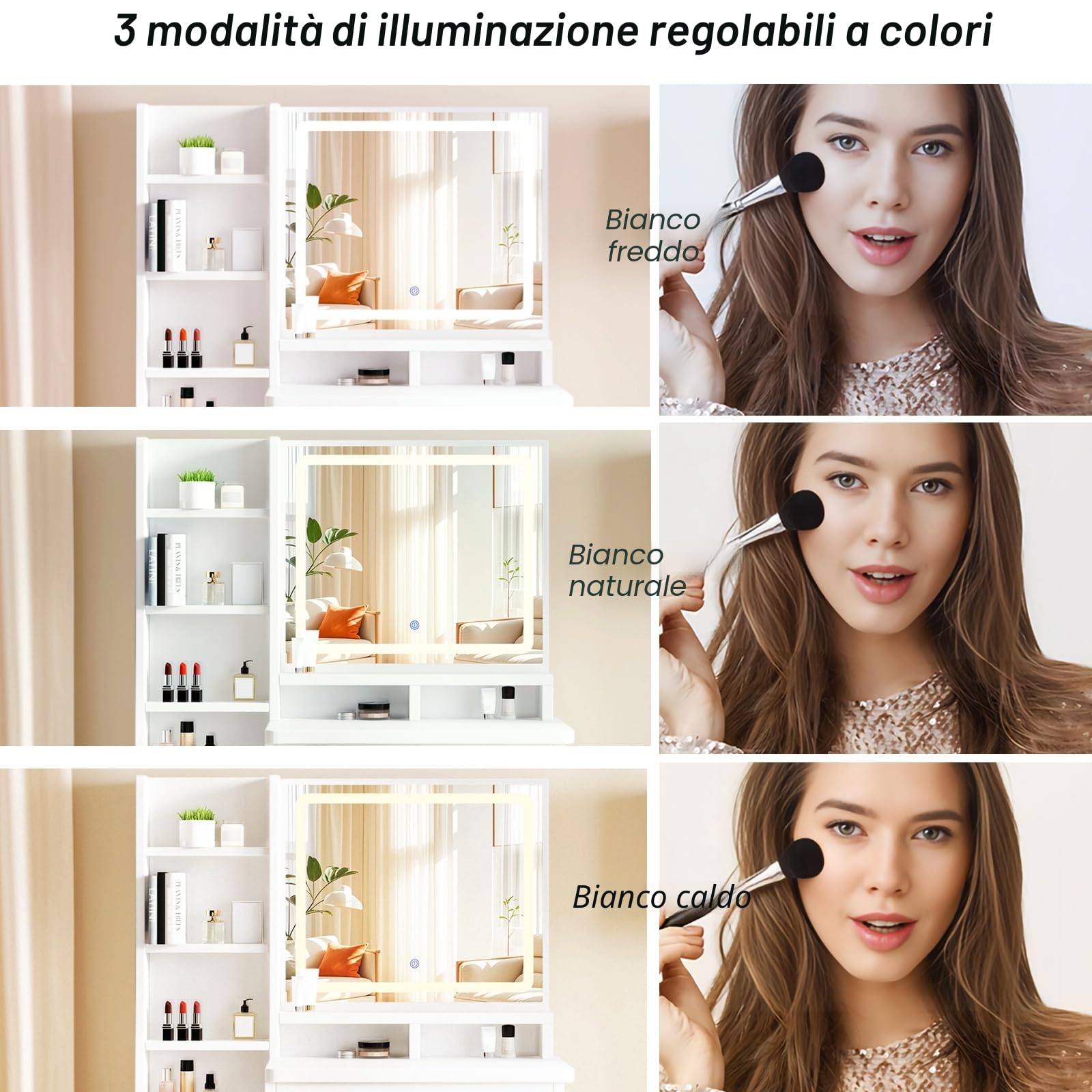 YuYe Tavolo da trucco con illuminazione LED, specchio con luminosità regolabile, tavolo da trucco con sedia, toeletta con 5 cassetti e 3 ripiani, moderno tavolo da trucco in legno bianco (154)