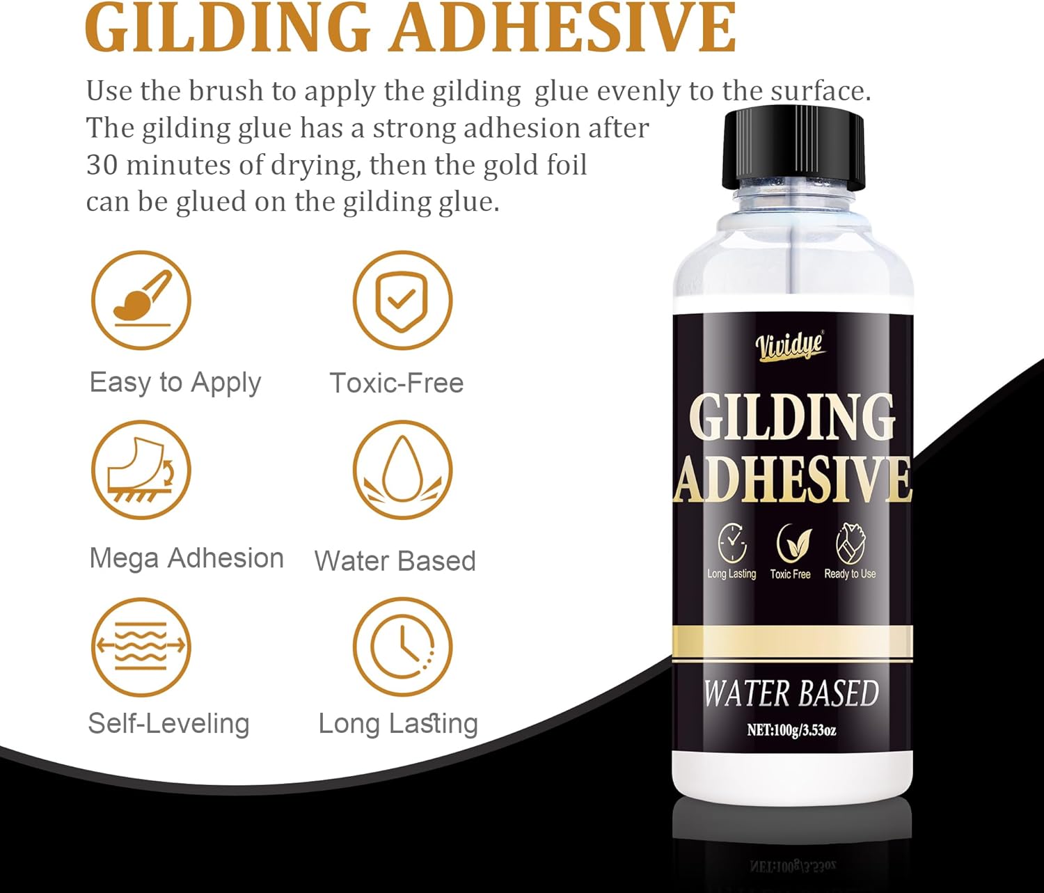 Gold Leaf Gilding Adhesive Set - 100ml Metal Leaf Glue & 100ml Protective Varnish, Gold Foil Sheets 100pcs, Fast Dry Gold Leaf Kit for Art, Crafts, Furniture and Painting, Non Toxic, Long-Lasting