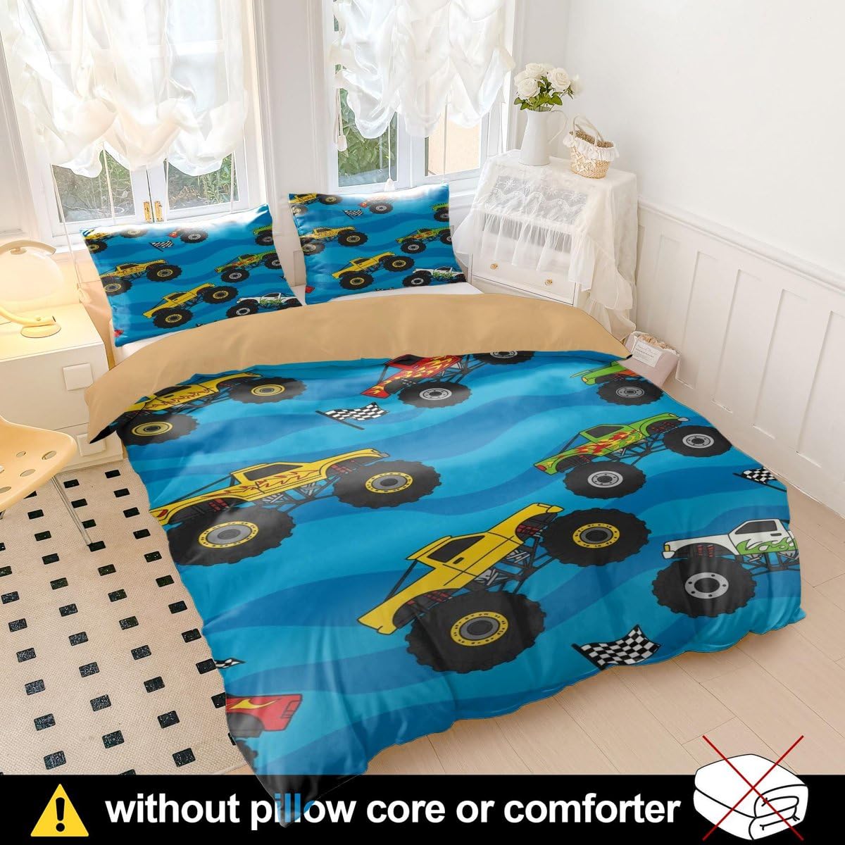 Kinder-Bettwäsche-Set mit Monster-Truck-Motiv, weiche Mikrofaser, Motiv: Monster-Truck, für Jungen-Schlafzimmer, Dekoration (Stil 4, Einzelbett 135 x 200 cm + 50 x 75 cm x 2)