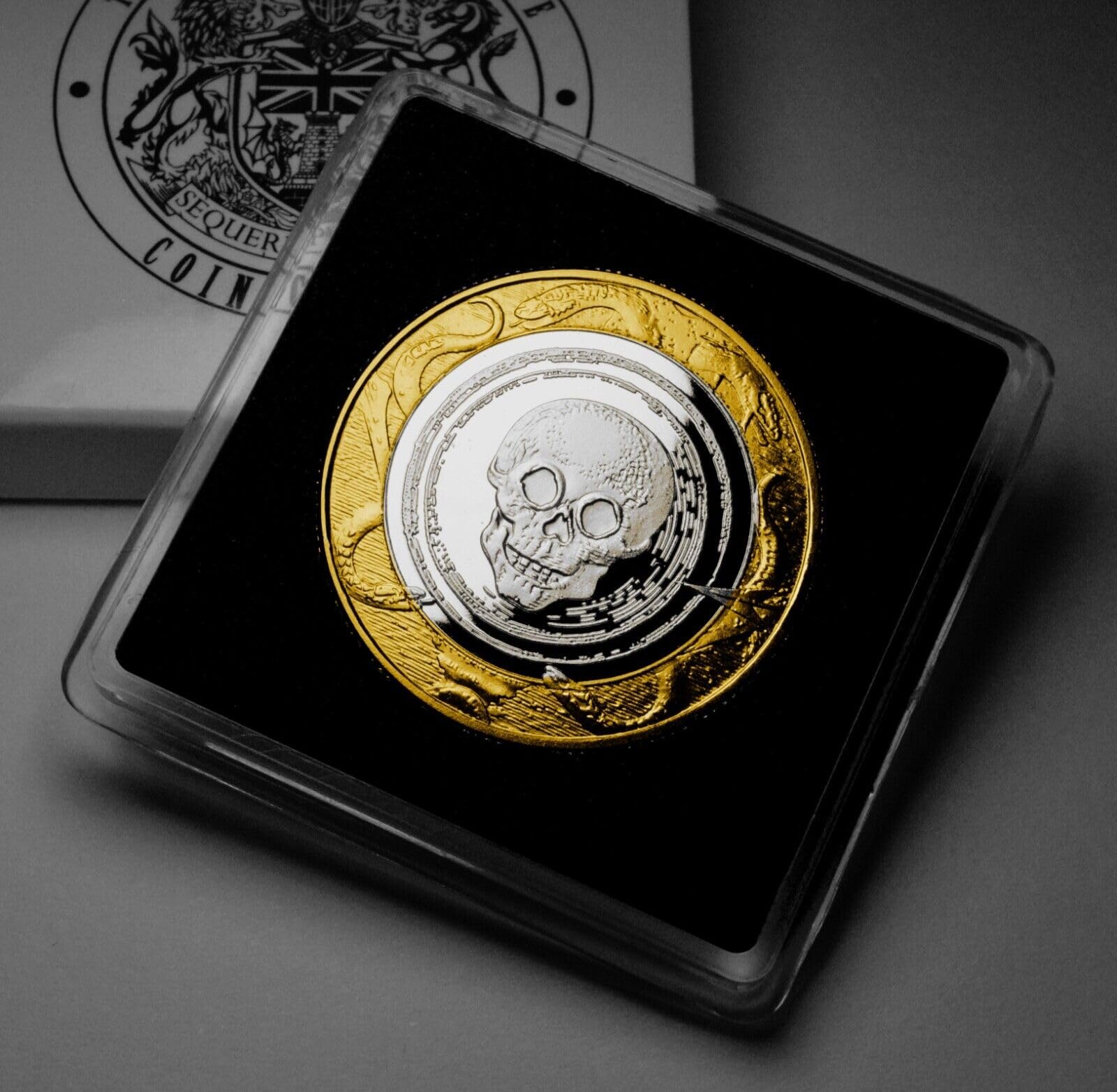 The Commemorative Coin Company MEMENTO MORI Dual Metal Commemorative. Presentation Case. Skull/Snakes/Death Stoic/Stoicism