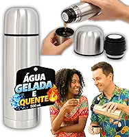 Garrafa Térmica Inox 500mL 0,5L Boca Larga com Tampa Copo, Vedação Click Fast, Isolamento a Vácuo Parede Dupla, Café e Água, 12h Quente 24h Fria (500 mL)