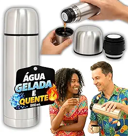 Garrafa Térmica Inox 500mL 0,5L Boca Larga com Tampa Copo, Vedação Click Fast, Isolamento a Vácuo Parede Dupla, Café e Água, 12h Quente 24h Fria (500 mL)