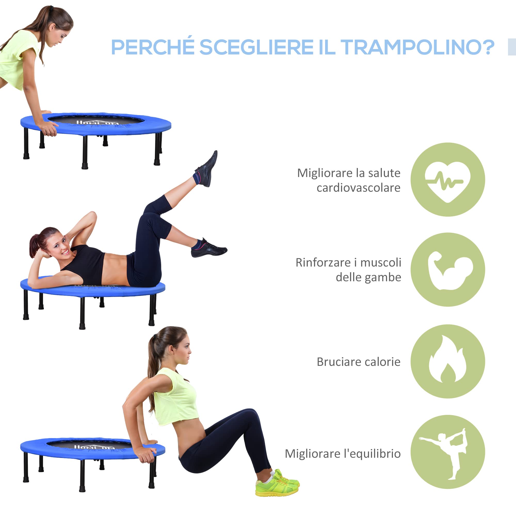 HOMCOM Trampolino Elastico per Allenamento con 30 Molle, Tappeto Fitness in Acciaio, Plastica e PP, Ø91x22.5 cm, Nero e Blu