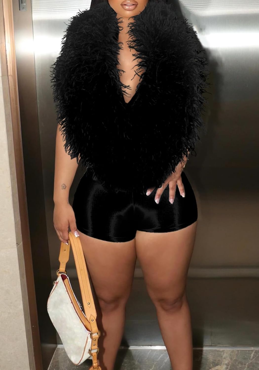 Unybwonn Women Sexy One Piece Jumpsuits Halter Backless Sleeveless Feather Shorts Bodysuits Romper Club Party Outfits - Image 4