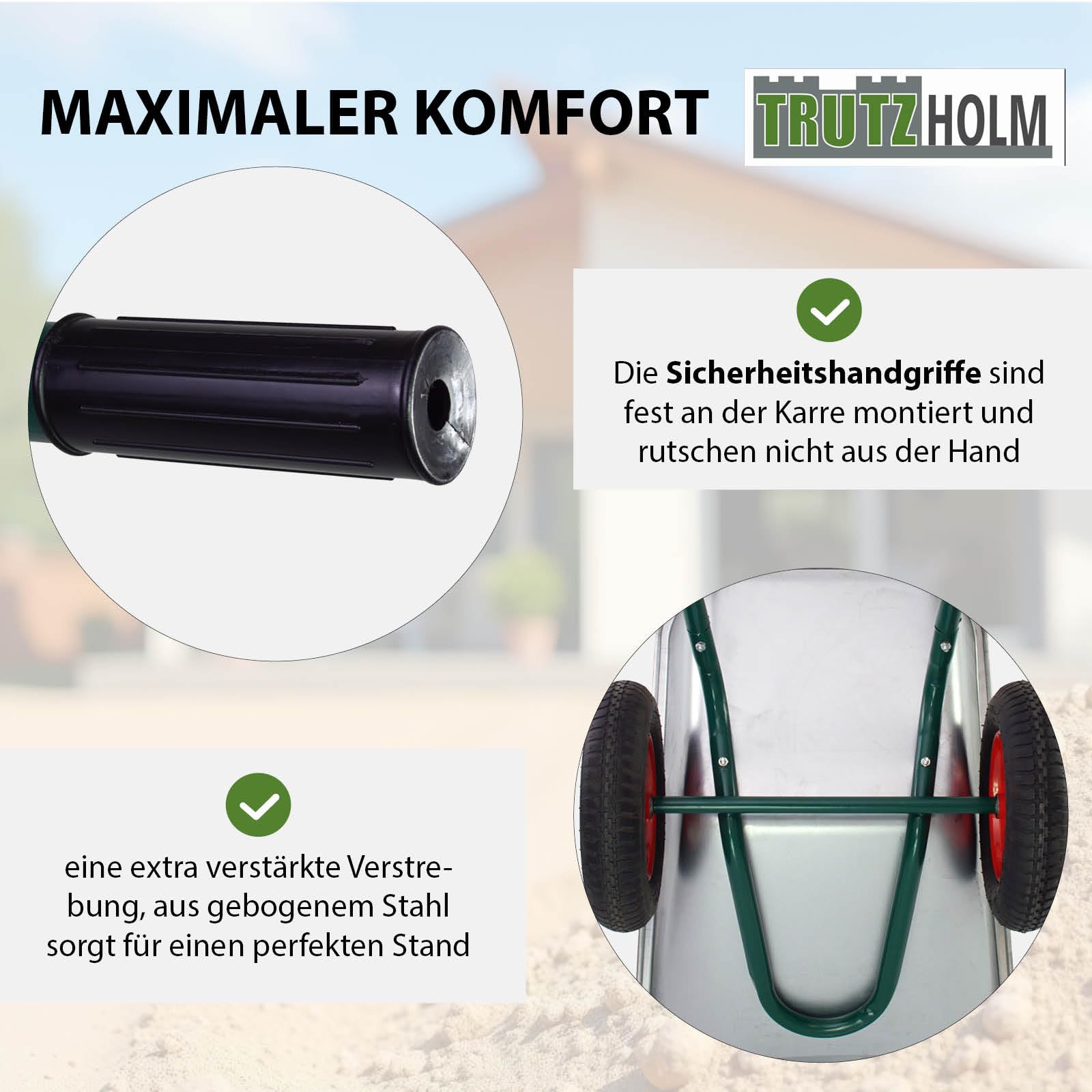 TRUTZHOLM Schubkarre 100 Liter 160 kg Tragkraft verzinkte Stahlwanne leichtlaufende Lufträder auf Stahlfelge Bauschubkarre Gartenschubkarre Schiebkarre 2 Rad Karre Wheelbarrow Silber