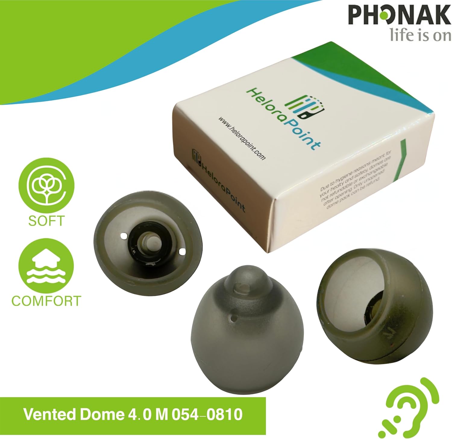 Phonak Vented Hearing Aid Domes 4.0 – Medium Size (M) – 10 Domes in 1 Pack – Compatible with Marvel, Paradise, Lumity RIC Devices – Open Fit – Original Phonak Replacement Tips (054-0810)