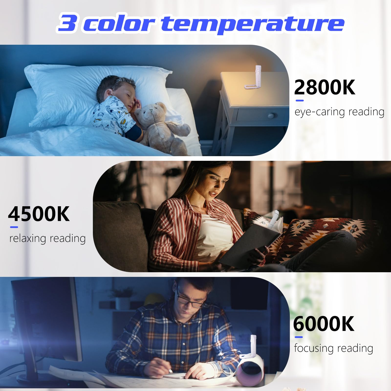 AiQInu Lampa do czytania USB, 3 kolory, 5 poziomów, czytnik e-booków LED z klipsem, lampka do czytania