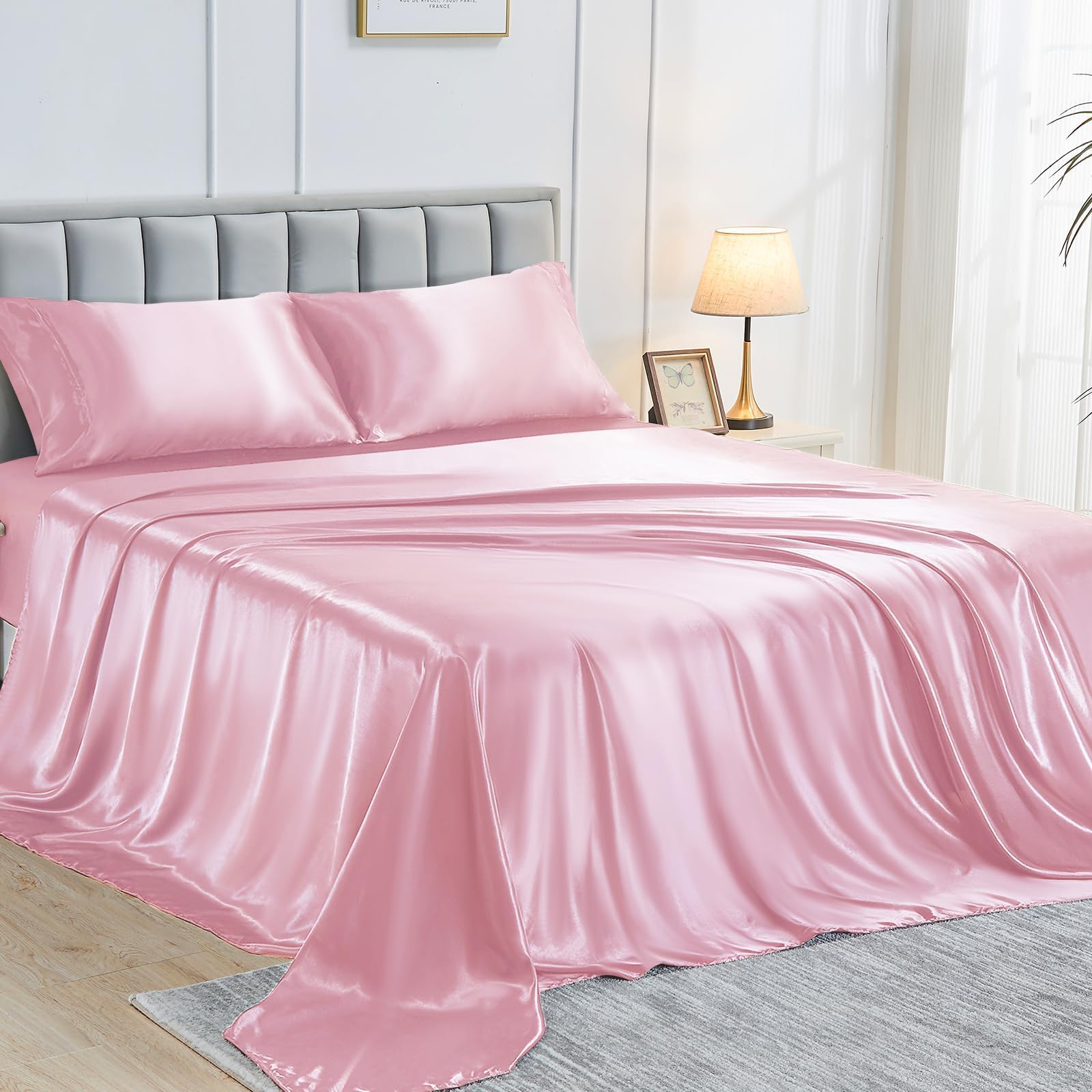 Sasttie Juego de sábanas de satén tamaño Queen, juego de sábanas de satén rosa, suave y ultrasuave, sedoso, con 2 fundas de almohada, color rosa
