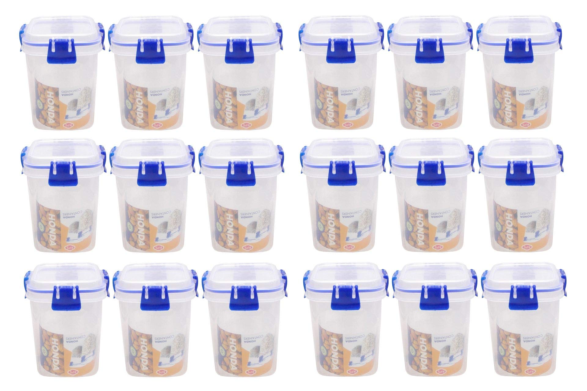 Kotak Sales 18 Pcs Set Unbreakable Jar Spoon Kitchen Plastic Container BPA-Free Stackable Air Tight Dabba Push Lock Space Saver Snacks Dal Atta Flour Cereals Pulses Spices 950ML Each (Blue)