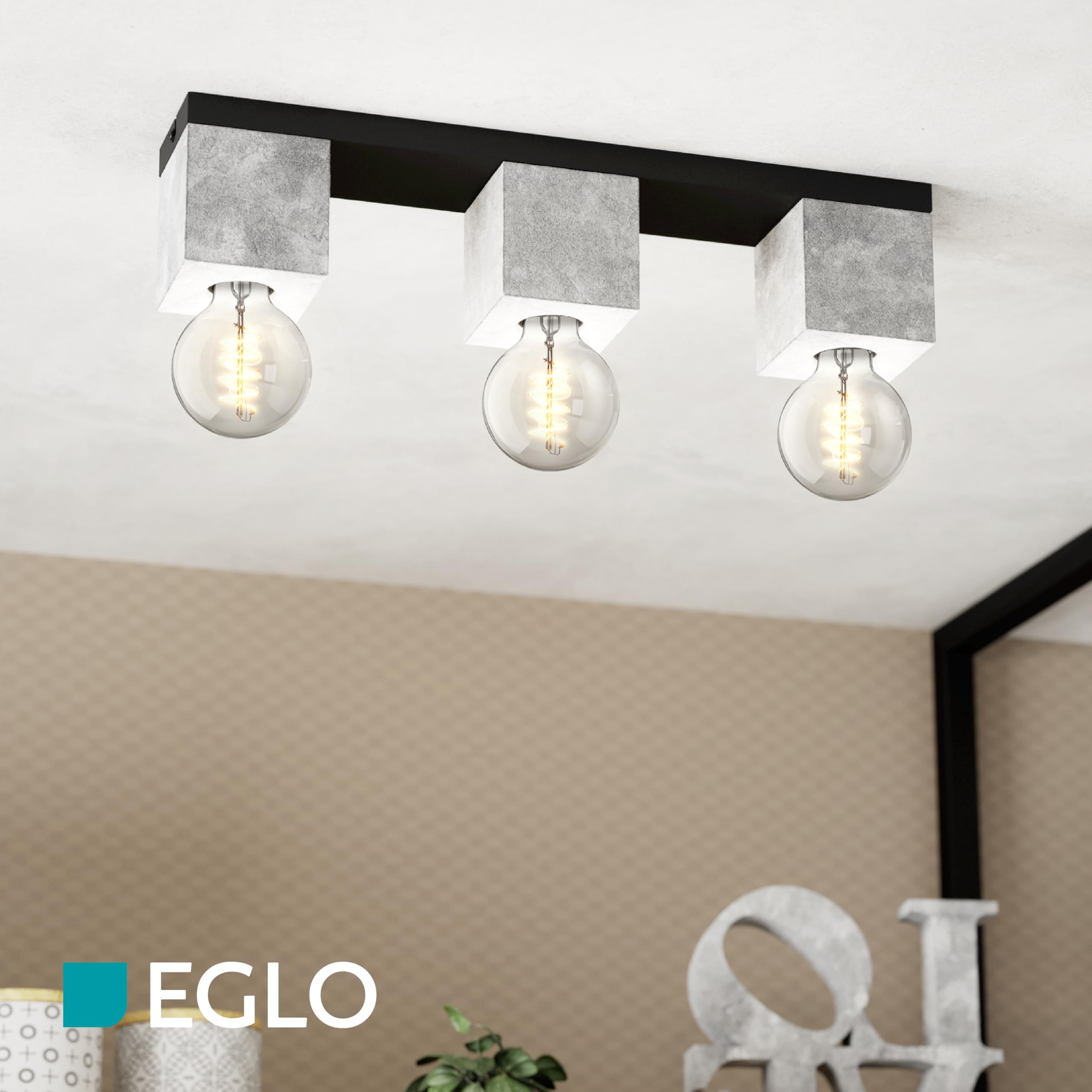 Eglo lámpara de techo Prestwick 3, iluminación de techo de 3 luces | industrial, luz de salón de hormigón en gris y metal en negro, casquillo E27