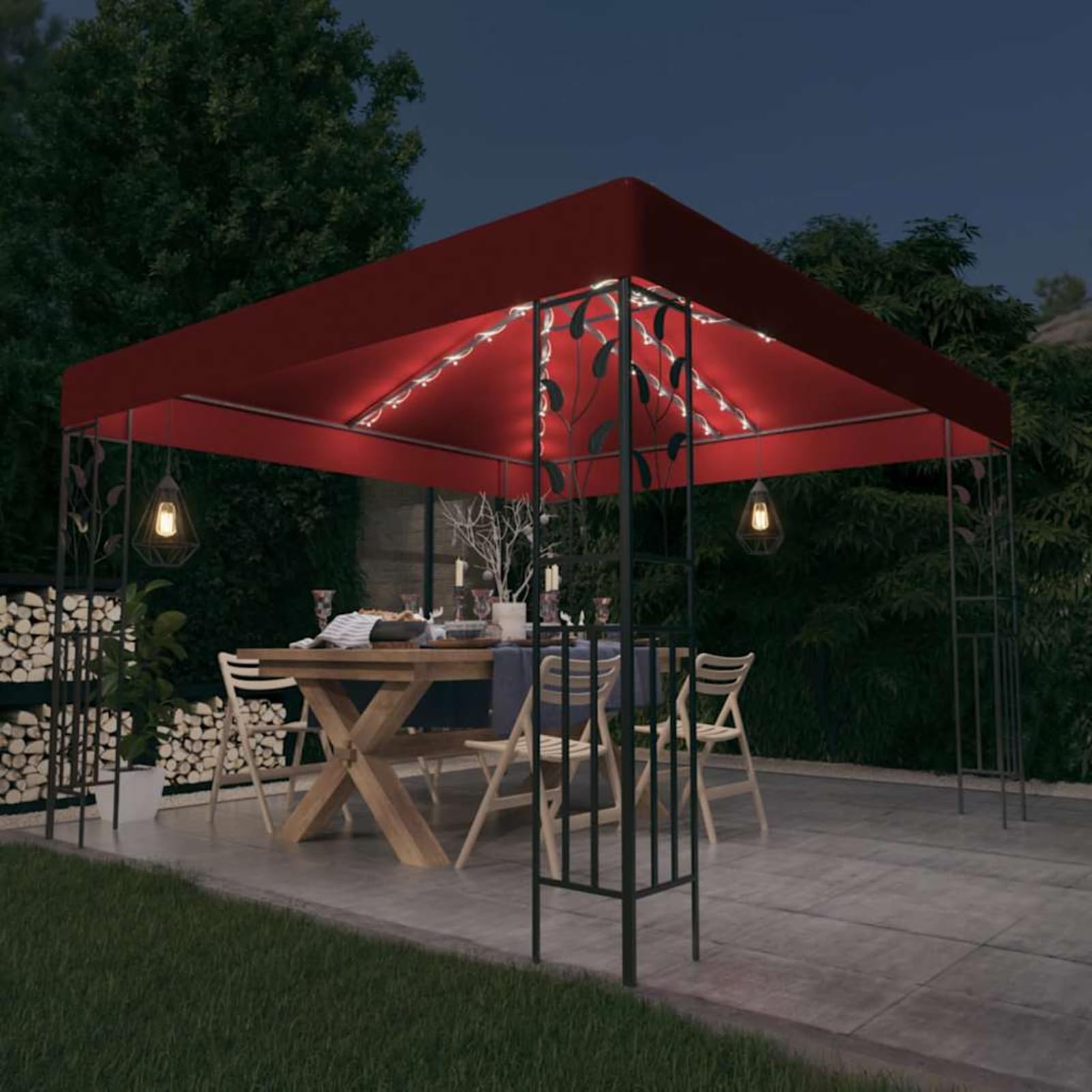Pawilon ogrodowy 3 x 3 m z solarnym łańcuchem świetlnym LED, czerwone wino, malowana proszkowo rama stalowa, tkanina poliestrowa powlekana PA, na wieczory przy grillu i uroczystości rodzinne