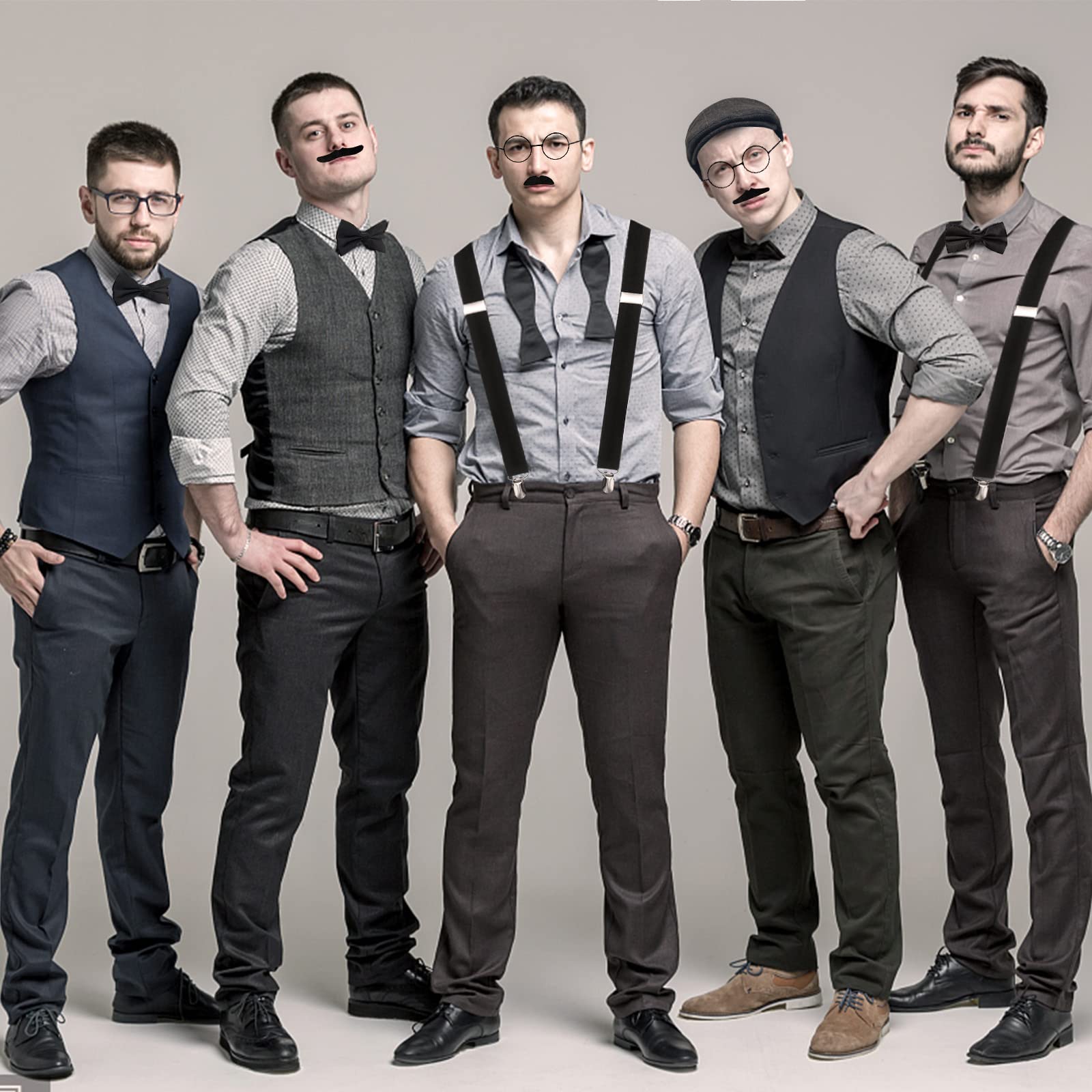 Akcesoria męskie w stylu lat 20., akcesoria męskie, zestaw do kostiumu mafii Gatsby, kostium gangstera w stylu lat 20., kapelusz panamski, elastyczne szelki, wąsy i zegarek kieszonkowy, cygaro