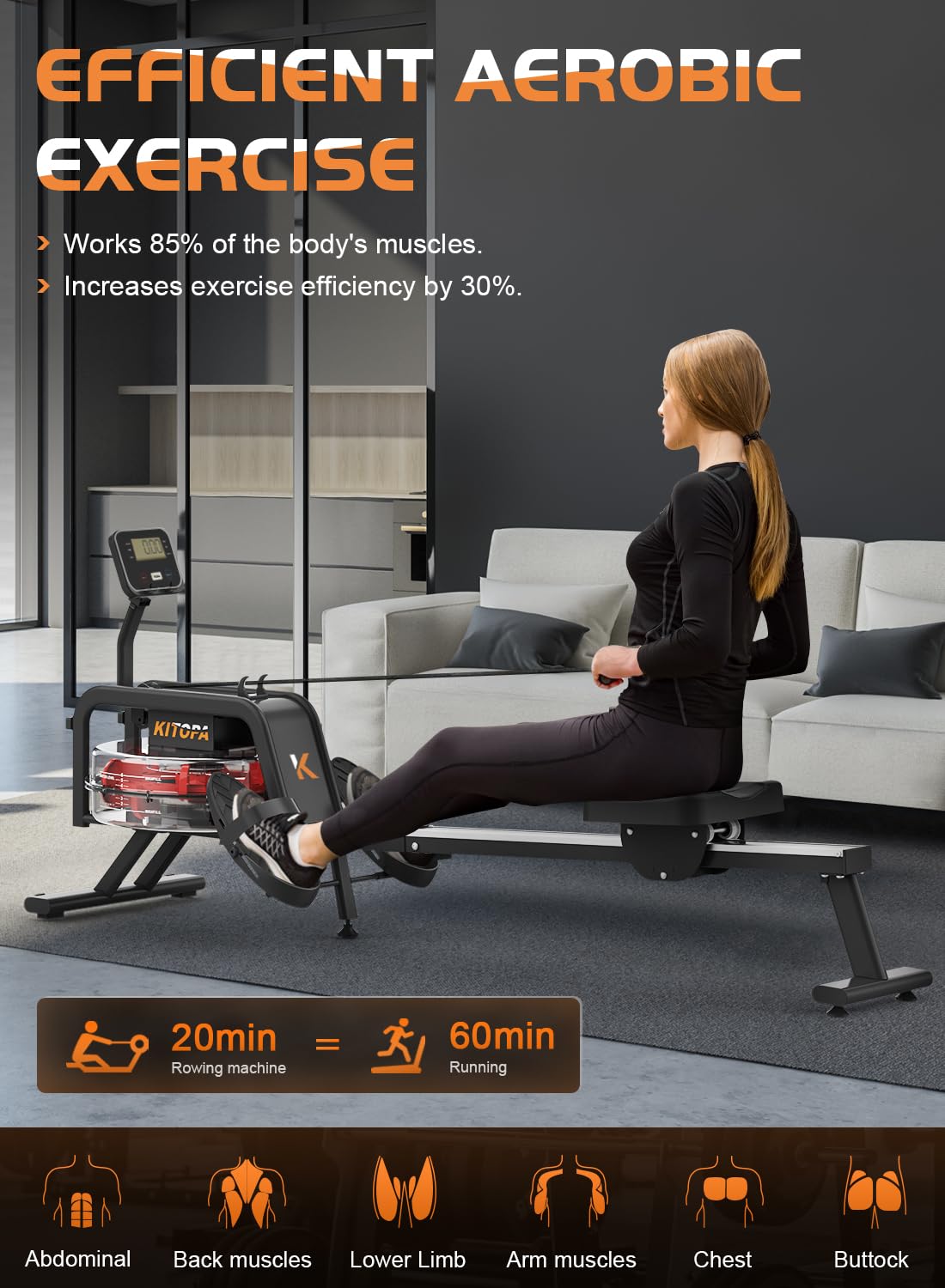 Kitopa Vogatore per palestra domestica, vogatore pieghevole in legno di quercia, con monitor Bluetooth e supporto per telefono regolabile, vogatore ad acqua capacità di carico 200 kg, compatibile con