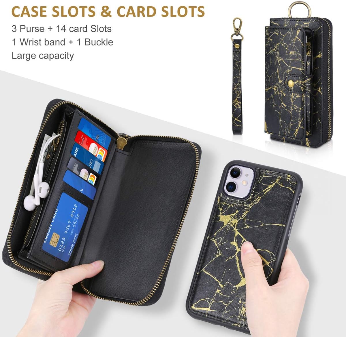 Petocase Compatible iPhone 11 Wallet Case, Multi-Function Zipper Purse with Detachable Magnetic Back Cover Wristlets 13 Card Slots & 4 Cash Pocket for Apple iPhone 11 Gold Black