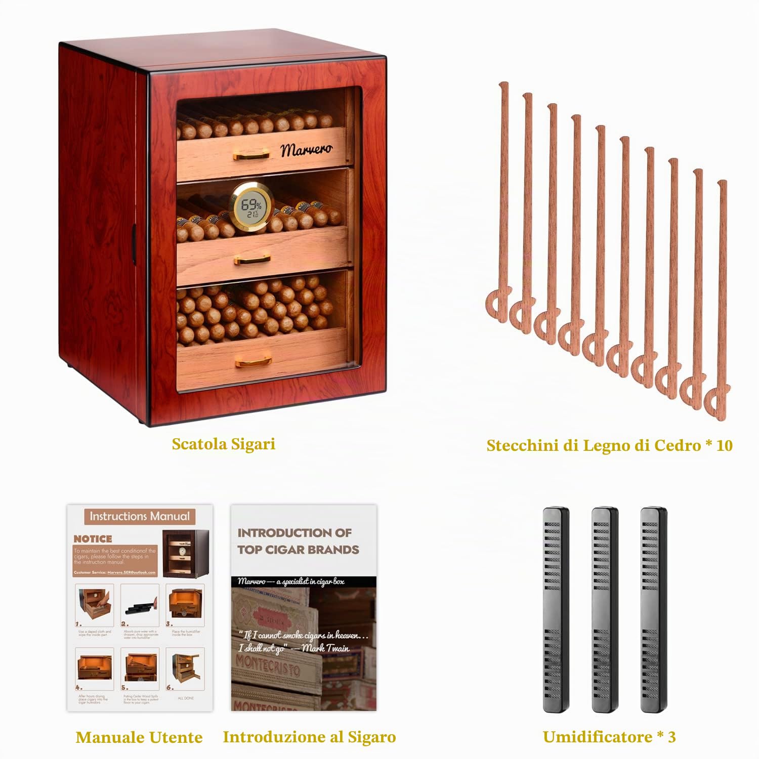 Humidor in Cedro Fatto a Mano, 150 Sigari, Igrometro | 3 cassetti in cedro, doppia porta in vetro, igrometro digitale e umidificatore; armadio artigianale per 150 sigari