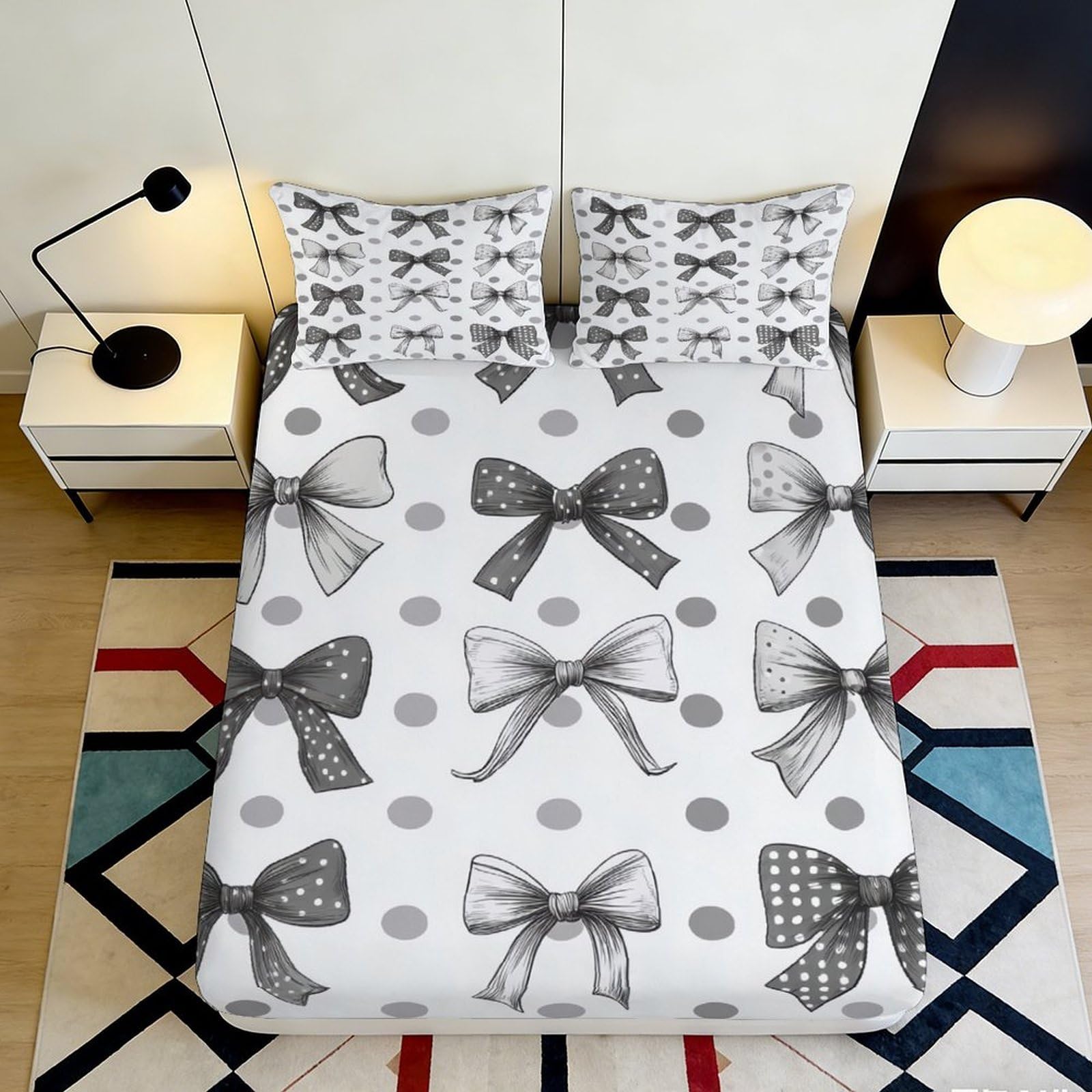 3D Printed Bow Pattern Fitted Sheet Microfiber Soft Grey Polka Dot Mattress Cover for Bedroom Dorm Decoration 120x200x25cm