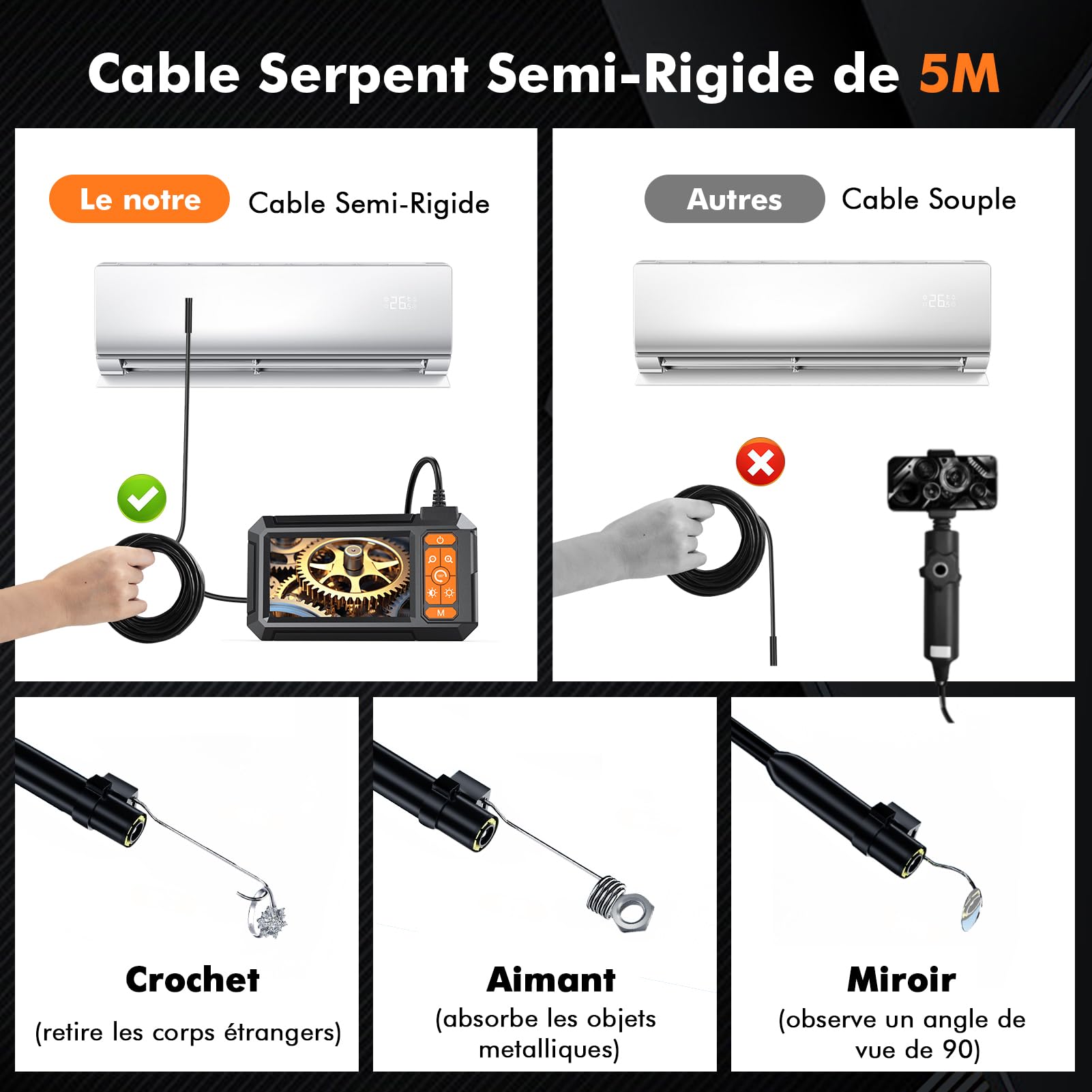 4.3" Camera Endoscopique, 1080 HD Camera Inspection Canalisation avec 8 LED Réglables,IP67 Étanche Endoscope Caméra d'inspection Industrielle 16.5FT/5M, 2600mAh