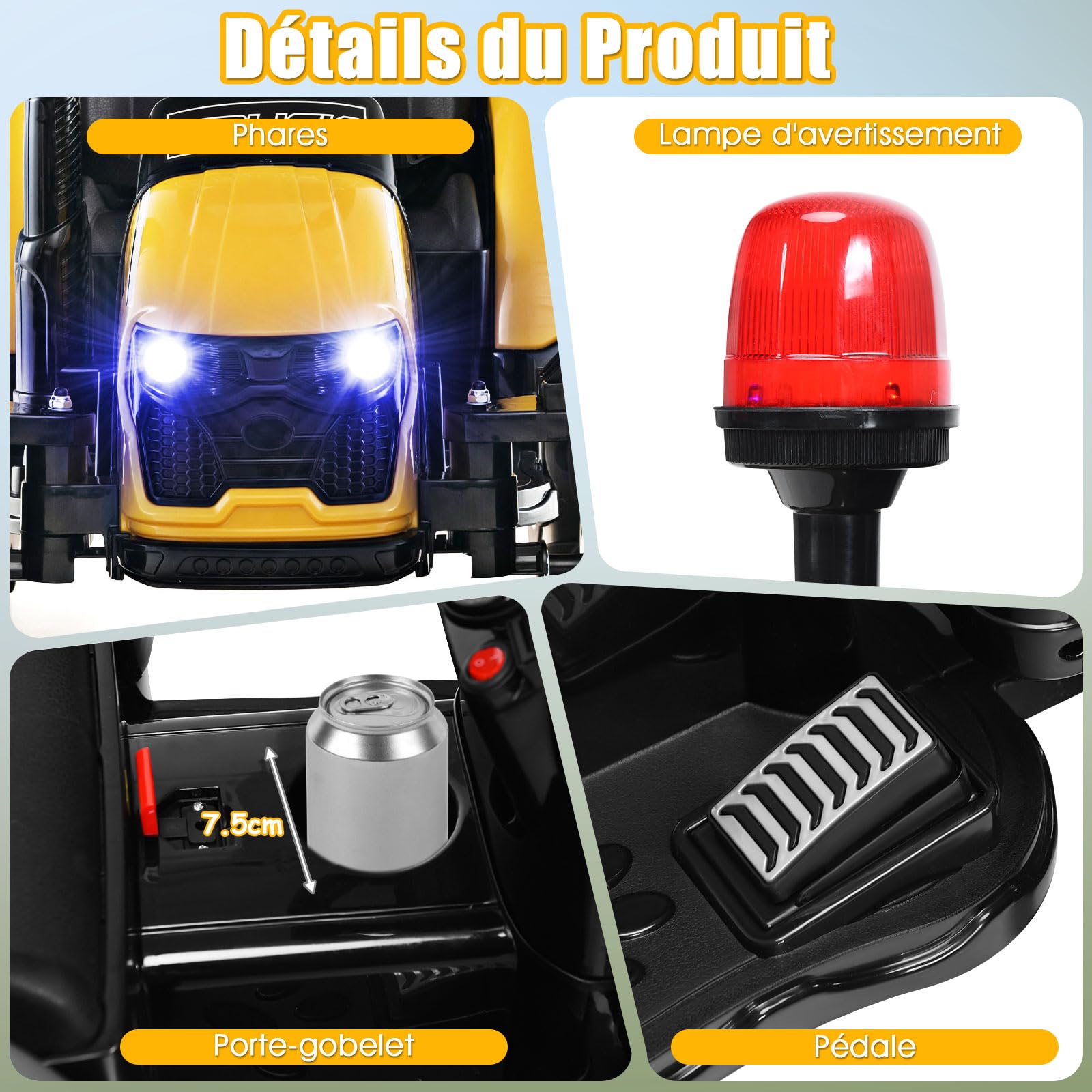 COSTWAY 12V Tracteur Électrique Enfant avec Remorque Amovible & Télécommande 2,4G, Voiture Électrique avec Lumière & Musique, Cheminée & Feu, 3-8 km/h, Charge 30kg pour Enfants de 3-8 Ans