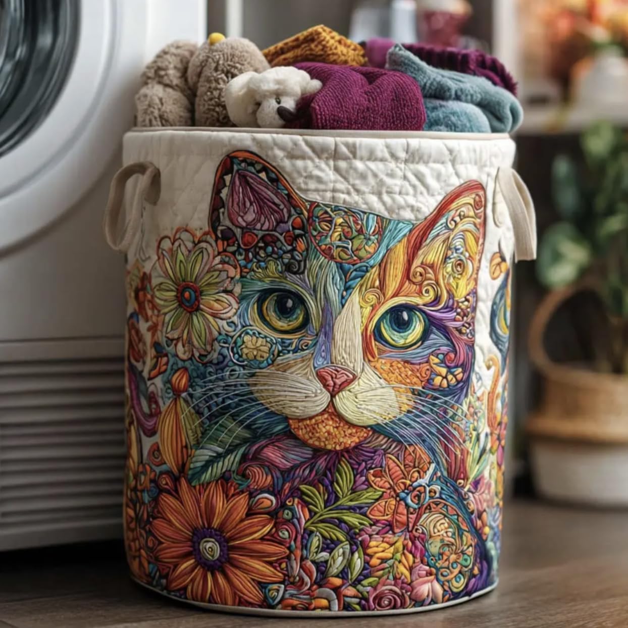 Cat Quilted Laundry Basket – Original Handmade Quilted Fabric Storage Bin for Clothes & Home Organization (H,Small (14" x 18"))