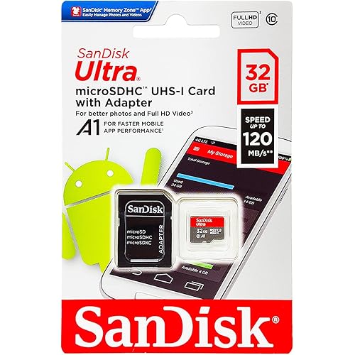 SanDisk 32GB Ultra microSDHC UHS-I Memory Card with Adapter - 98MB/s, C10, U1, Full HD, A1, Micro SD Card - SDSQUAR-032G-GN6MA
