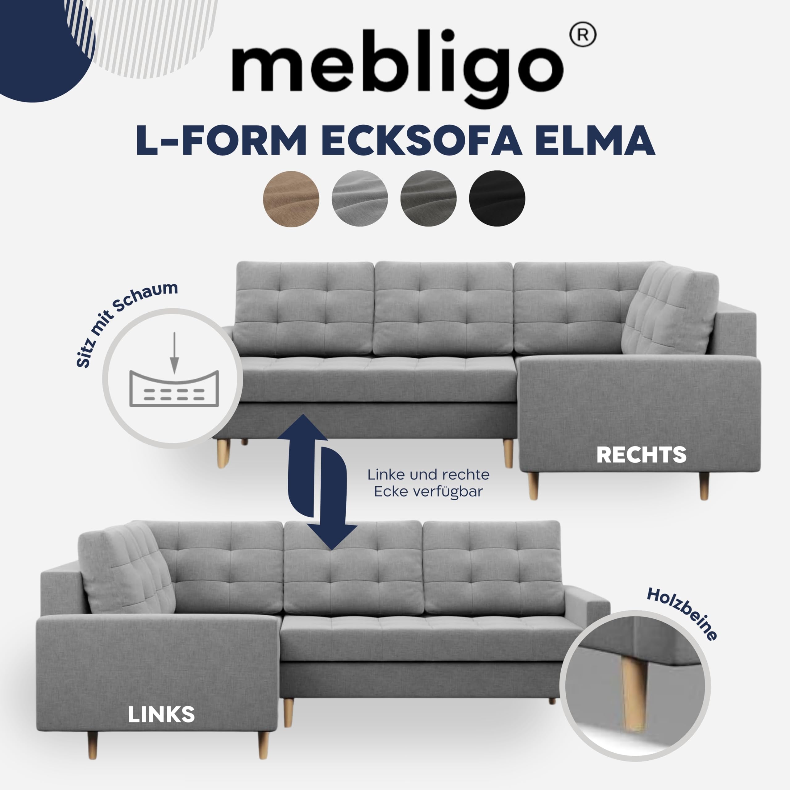 Mebligo - Ecksofa mit Schlaffunktion und Bettkasten Elma, Eckcouch mit Ottomane Links, Sofa L Form (BxTxH) 223 x 172 x 88 cm, Couch Wohnzimmer, Ecke Sofa, Grau (Lux 32)