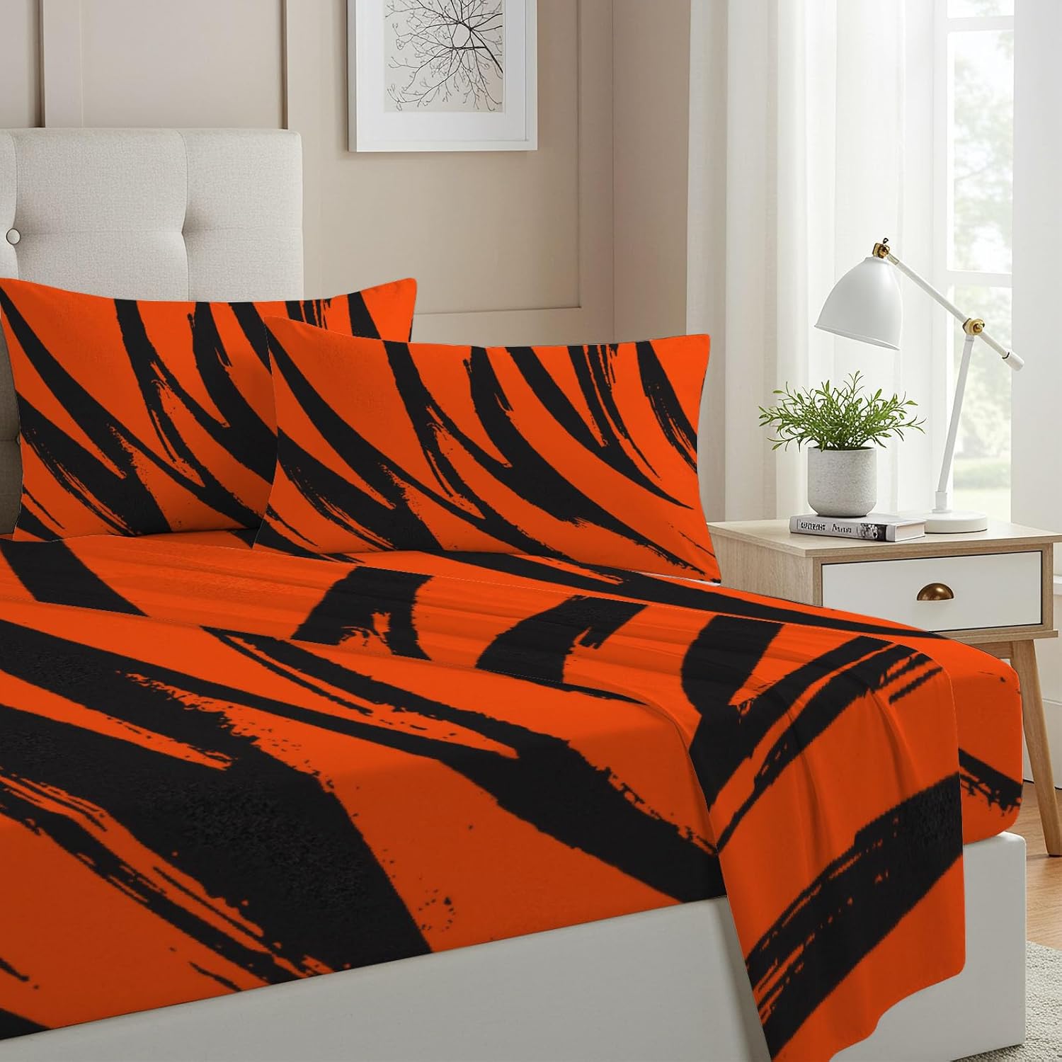 Allenjoy Queen Size Cincinnati ROA Fitted Sheet Tiger Stripes Bed Flat Sheets Bedding Set Deep Pockets Up to 16" Bedroom Decor with 2 Pillowcases SC00357-009