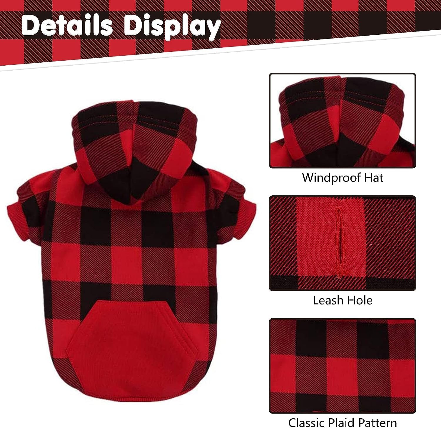 KOOLTAIL Plaid Dog Hoodie Pet Jumper with Hat and Pocket for Small Medium Large Size Dogs Fleece Dog Hooded Sweatshirt Clothes - Image 4