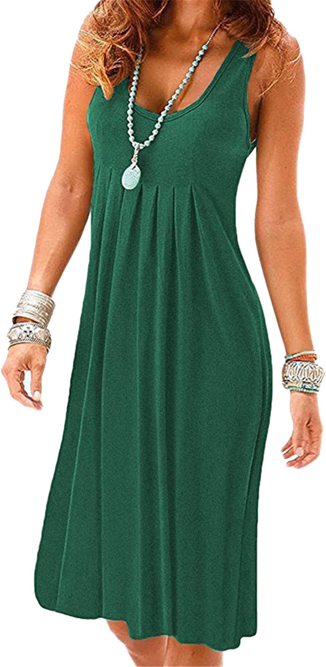 EFOFEIWomen's Pleated Knee-Length Dresses Pleated Skirt Casual Beach Dress Casual Summer Holiday Dress Sleeveless Casual Dress